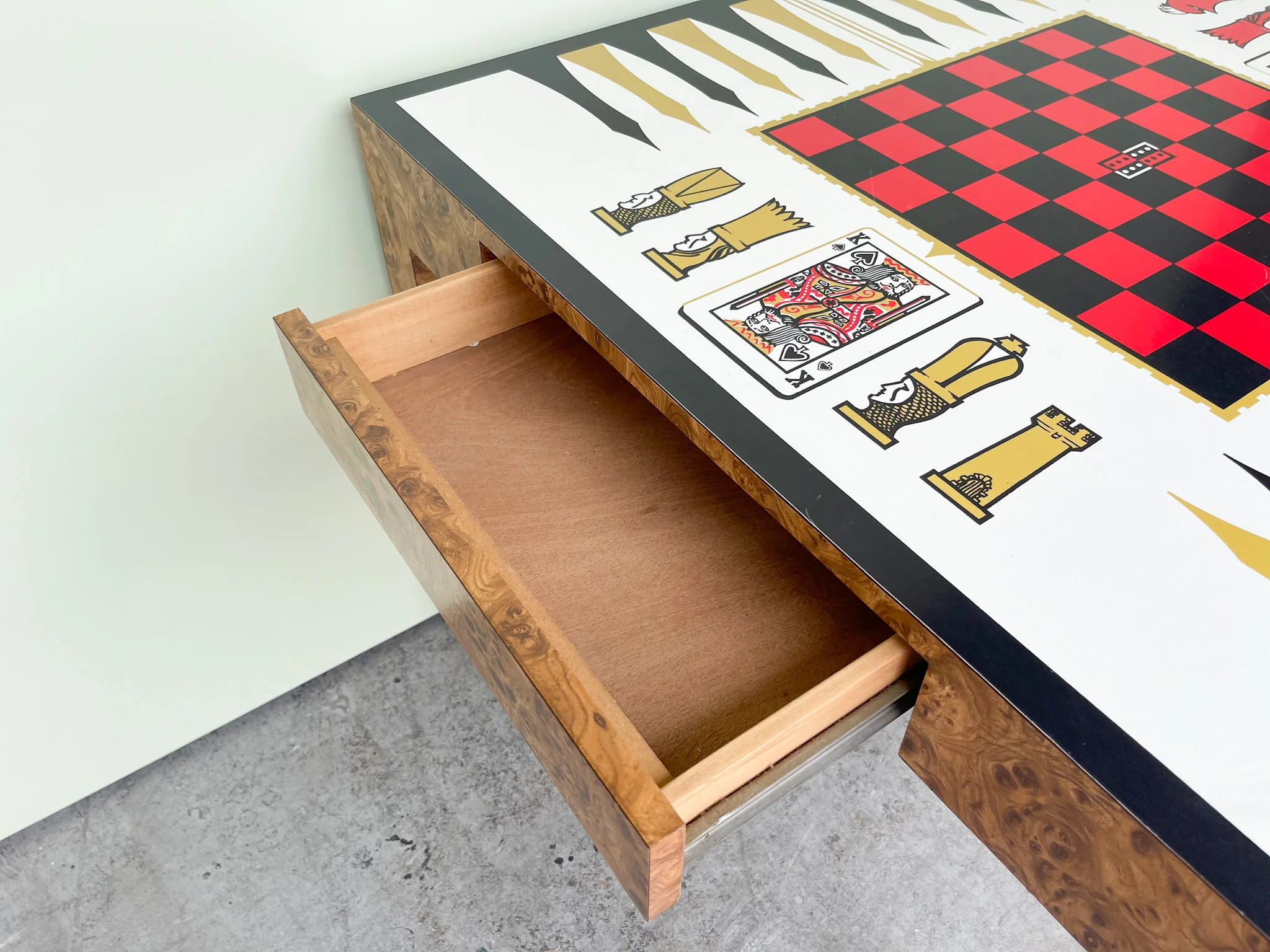 70’s Faux Burl Wood Parson Game Table - Image 4