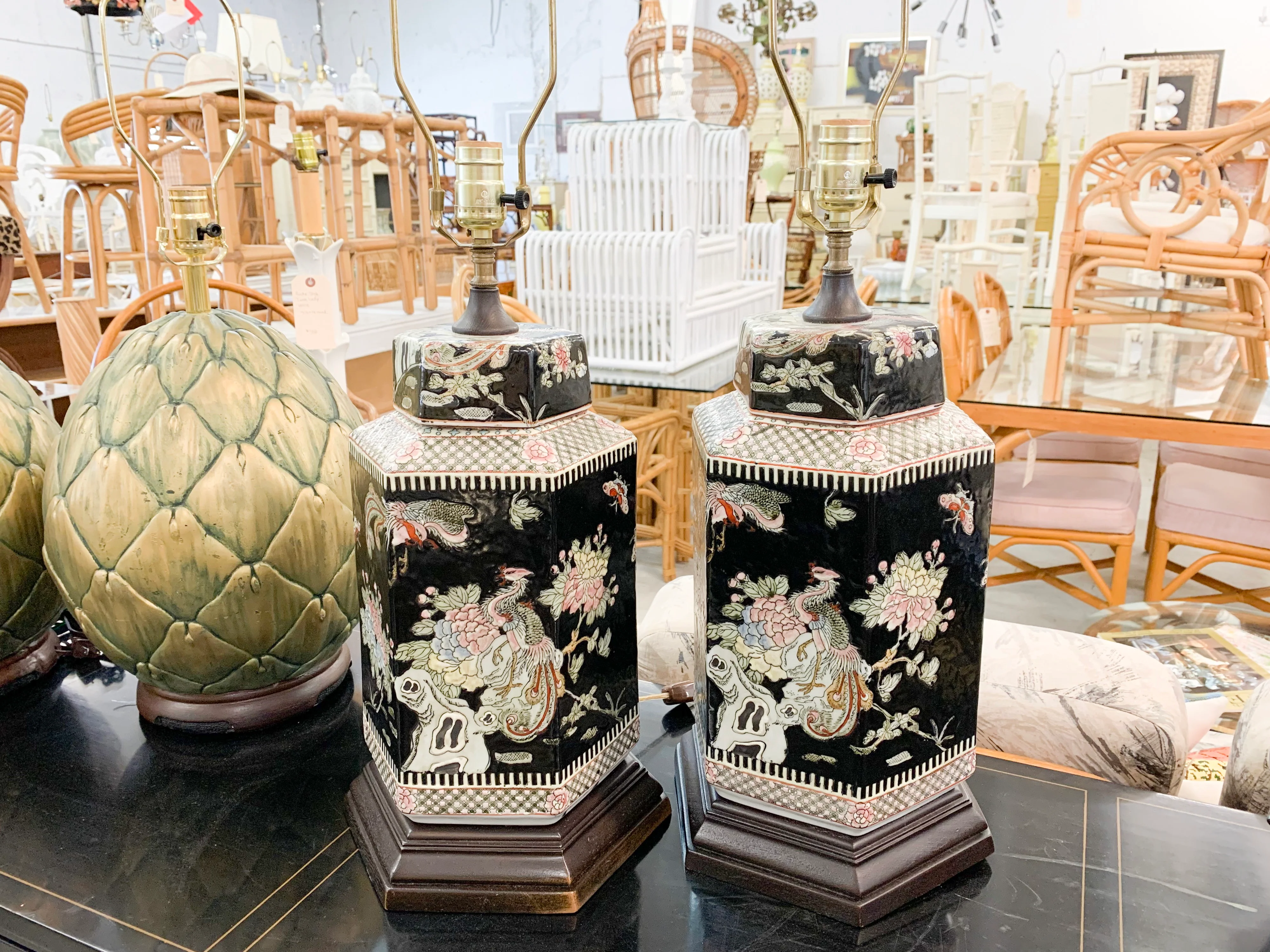 Asian Peacock Temple Jar Lamps