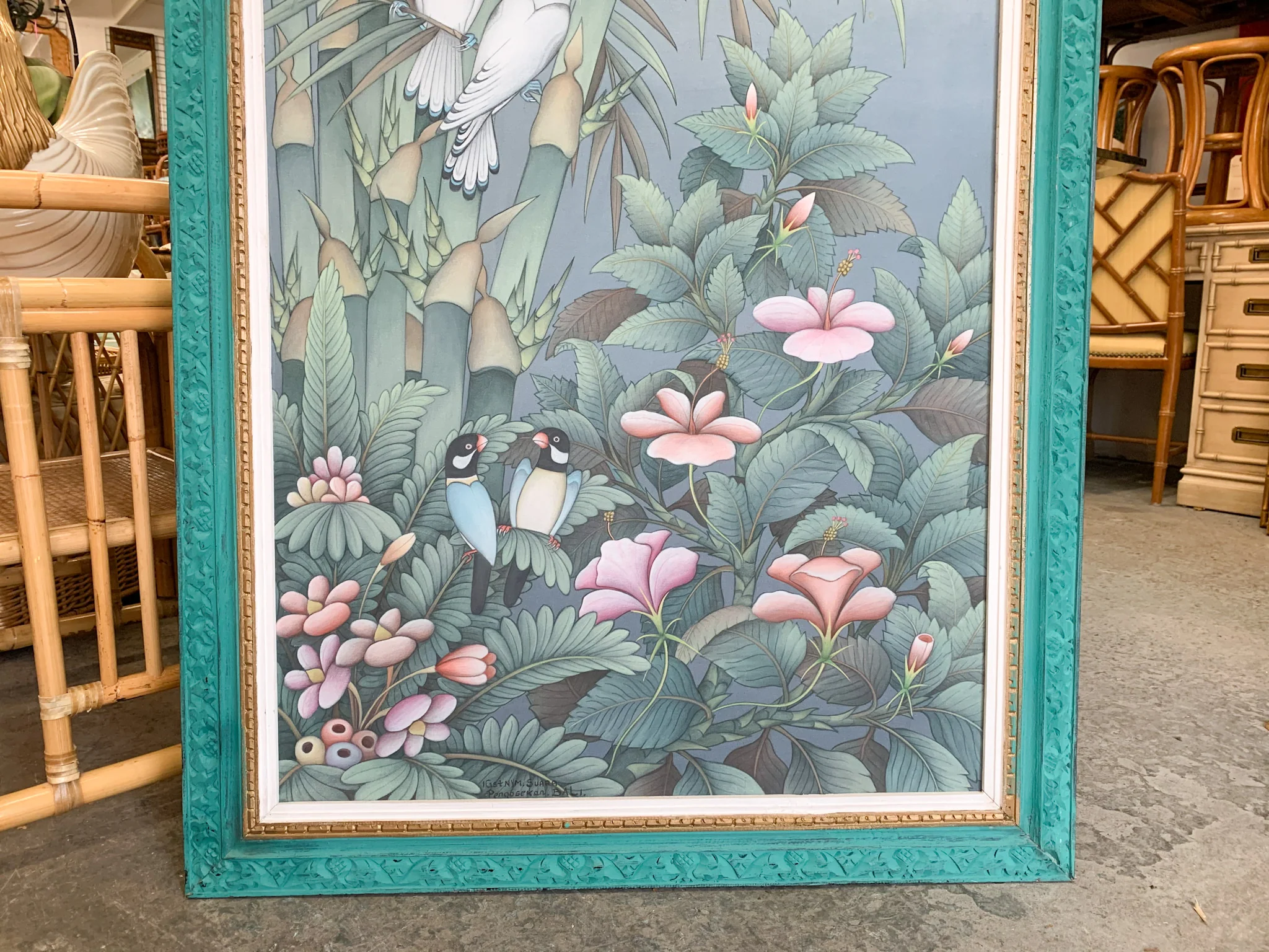Balinese Parrots and Palms Signed Art - Image 2