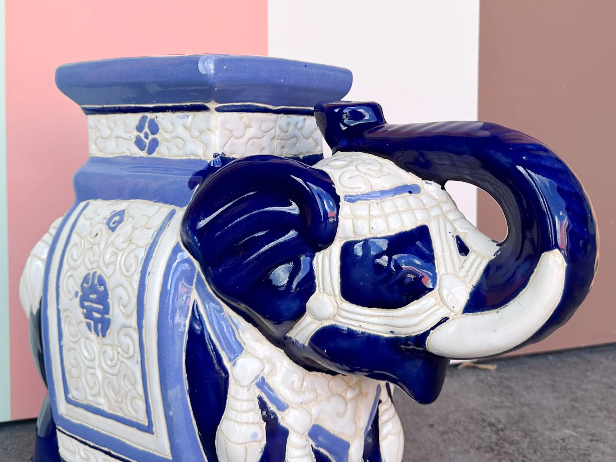 Blue and White Trunks Up Elephant Garden Seat - Image 8