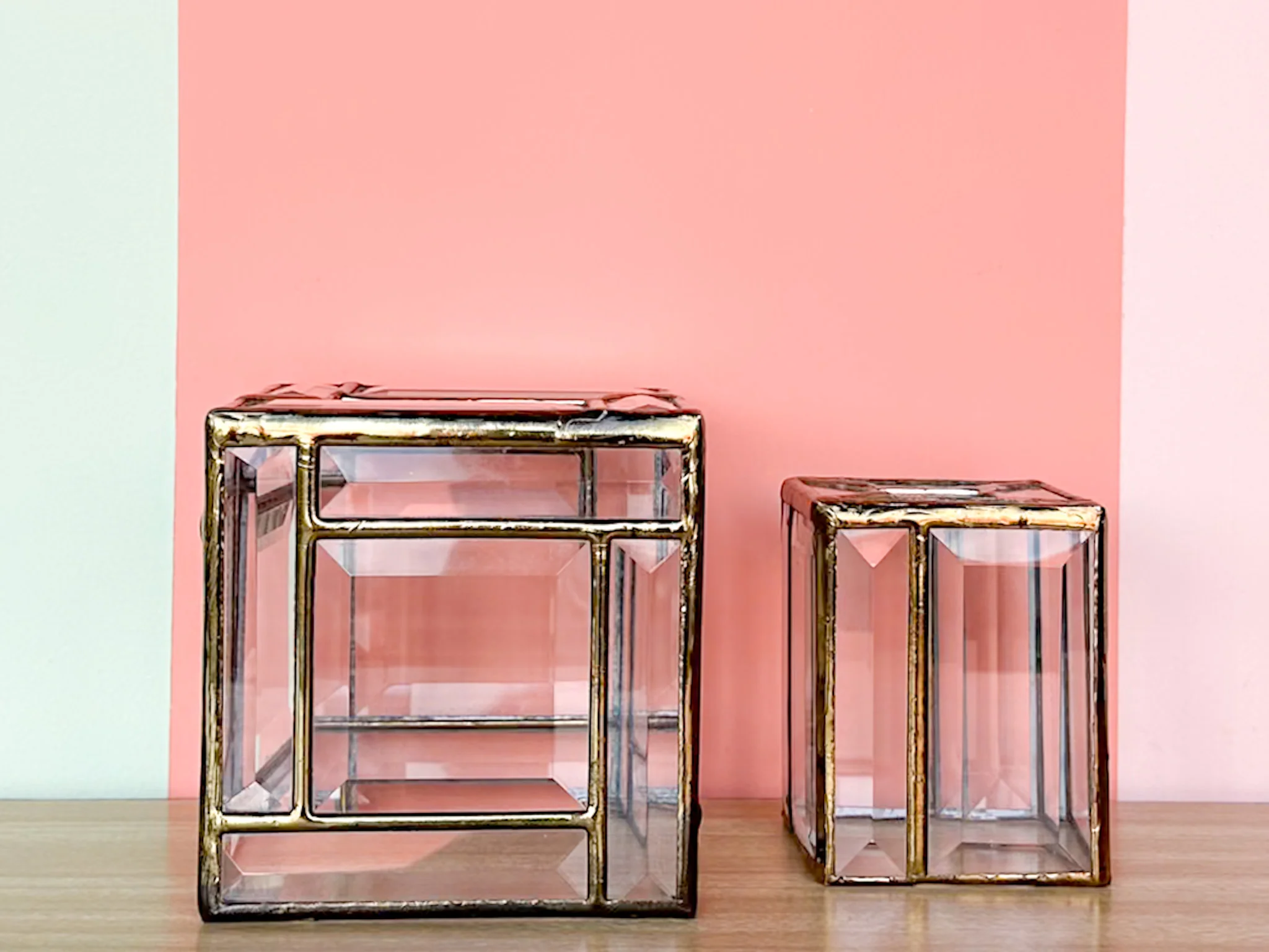 Brass and Leaded Glass Vanity Set