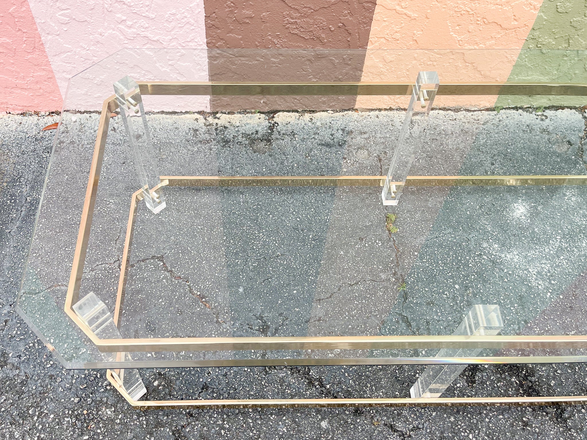 Charles Hollis Jones Style Lucite and Brass Coffee Table - Image 3