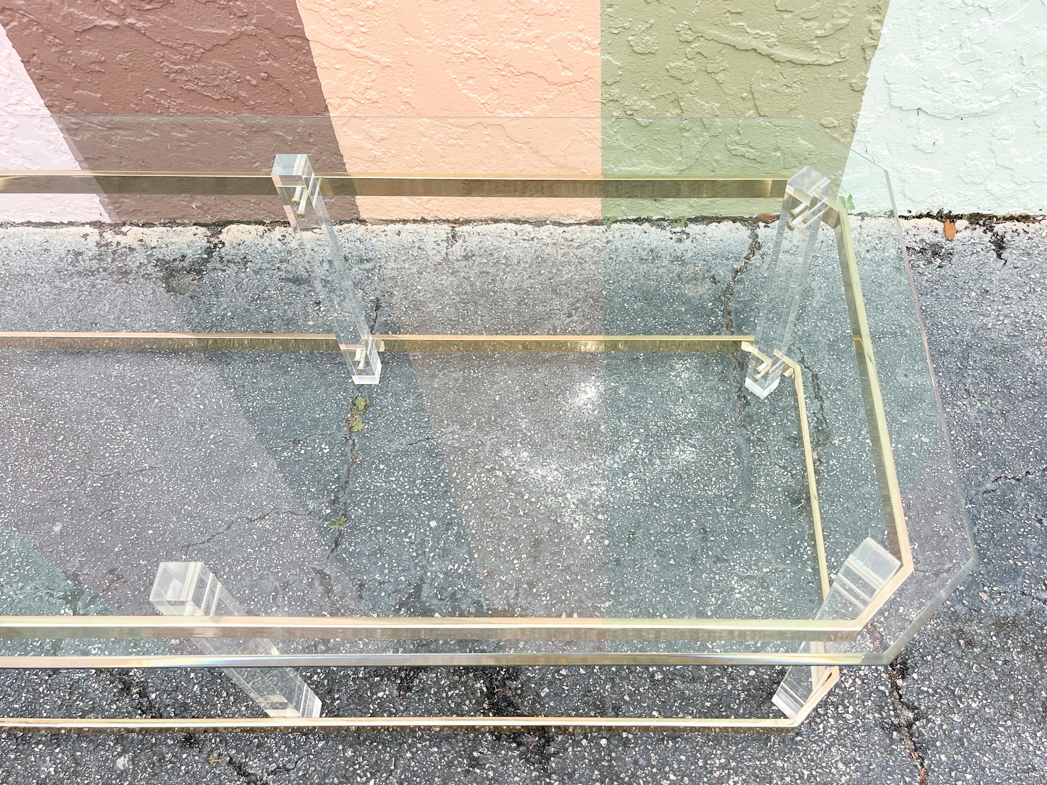Charles Hollis Jones Style Lucite and Brass Coffee Table - Image 4