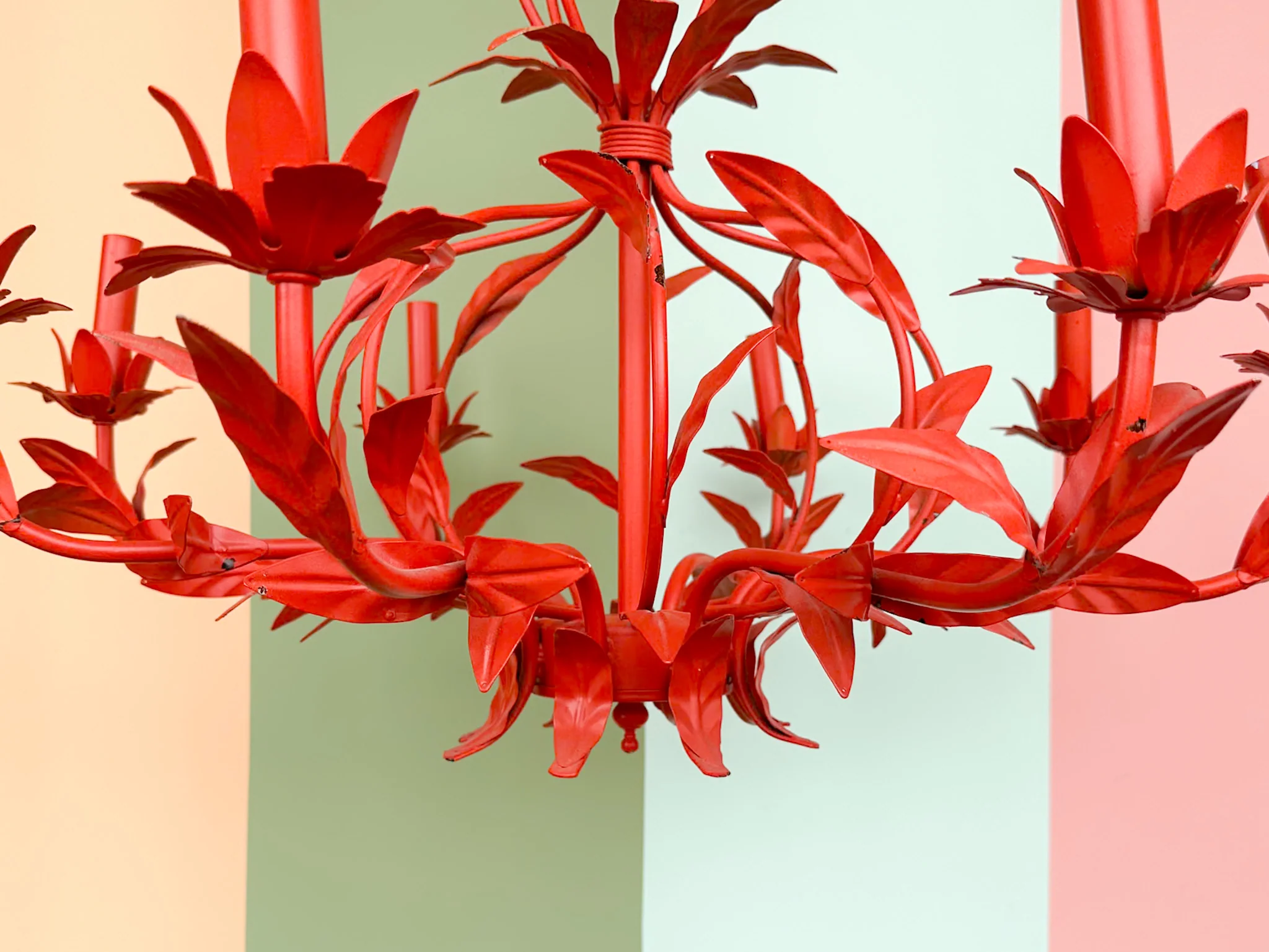 Charming Coral Tole Floral Chandelier - Image 6