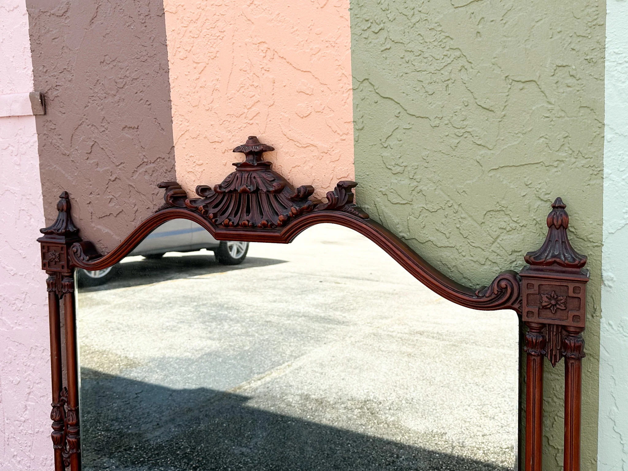 Chinoiserie Chic Wood Carved Pagoda Mirror - Image 2