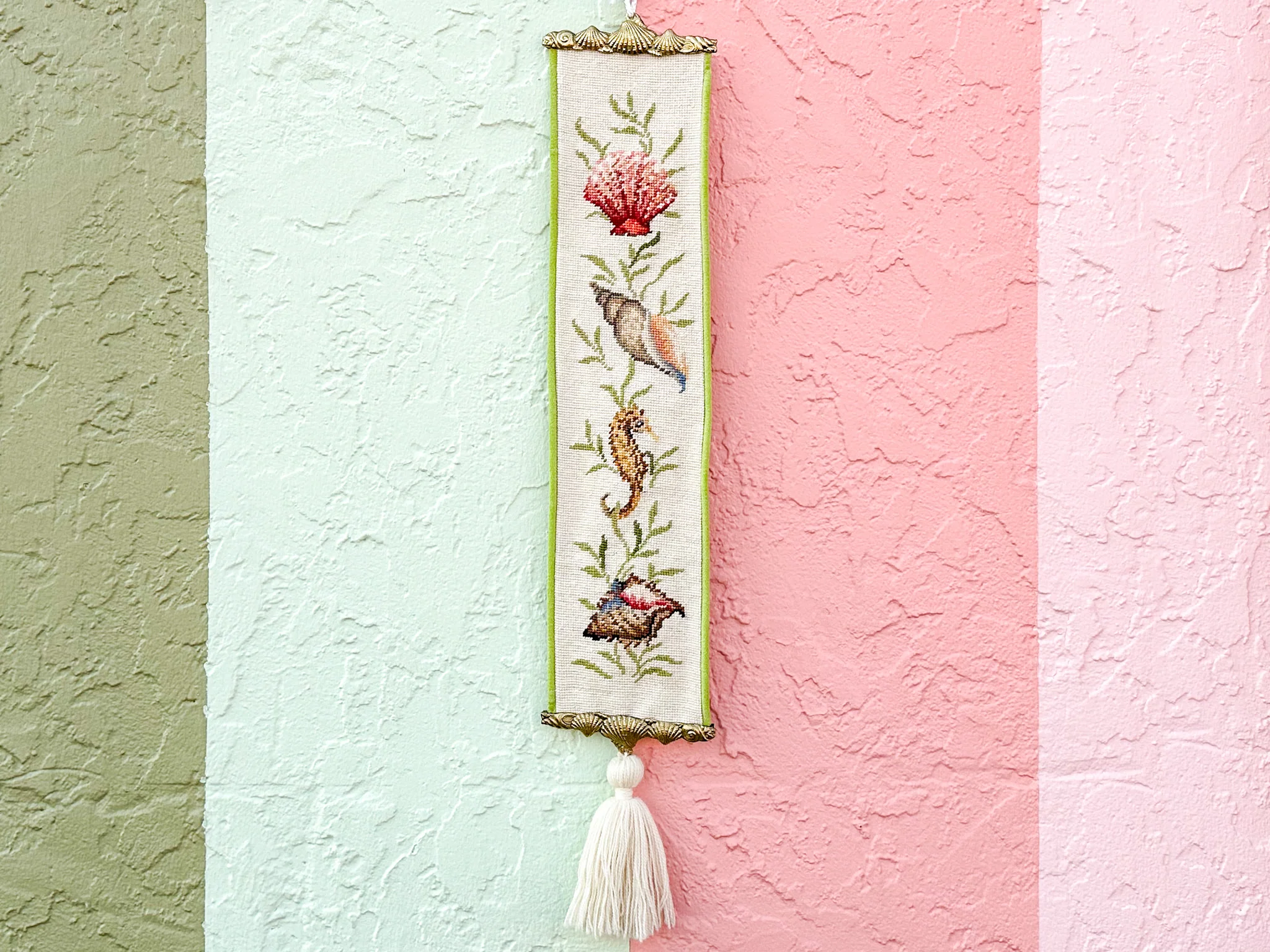Coastal Needlepoint and Brass Wall Hanging