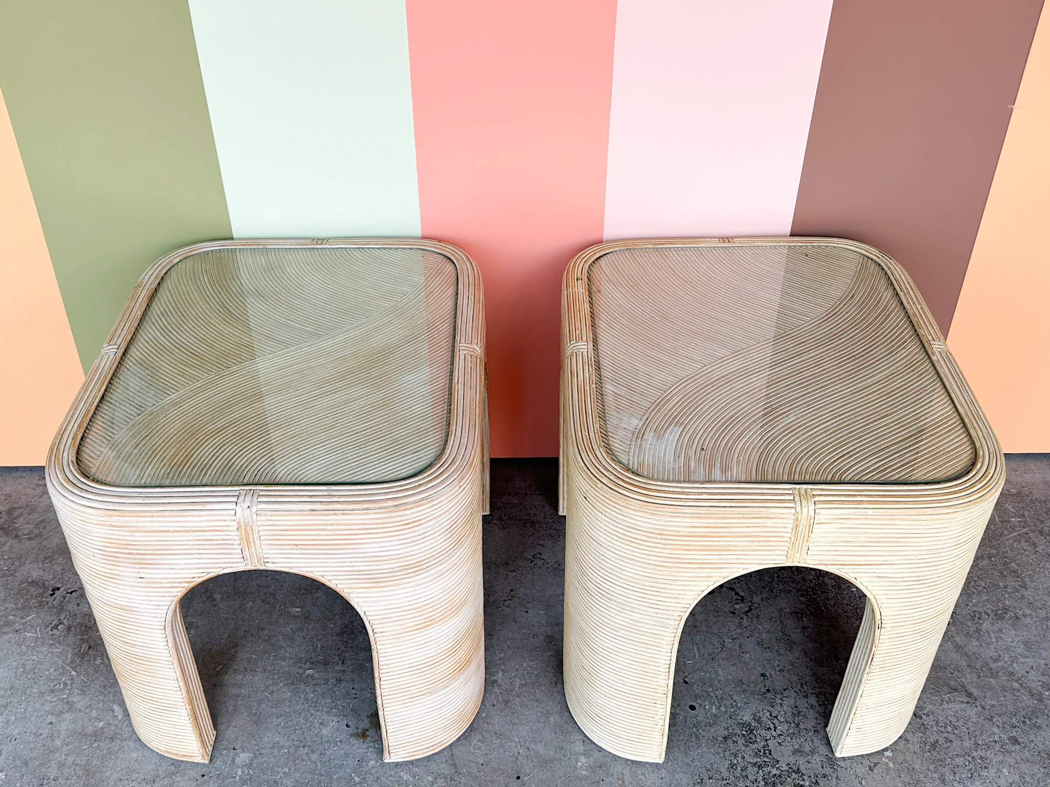 Pair of Coastal Pencil Reed Rattan Side Tables - Image 2