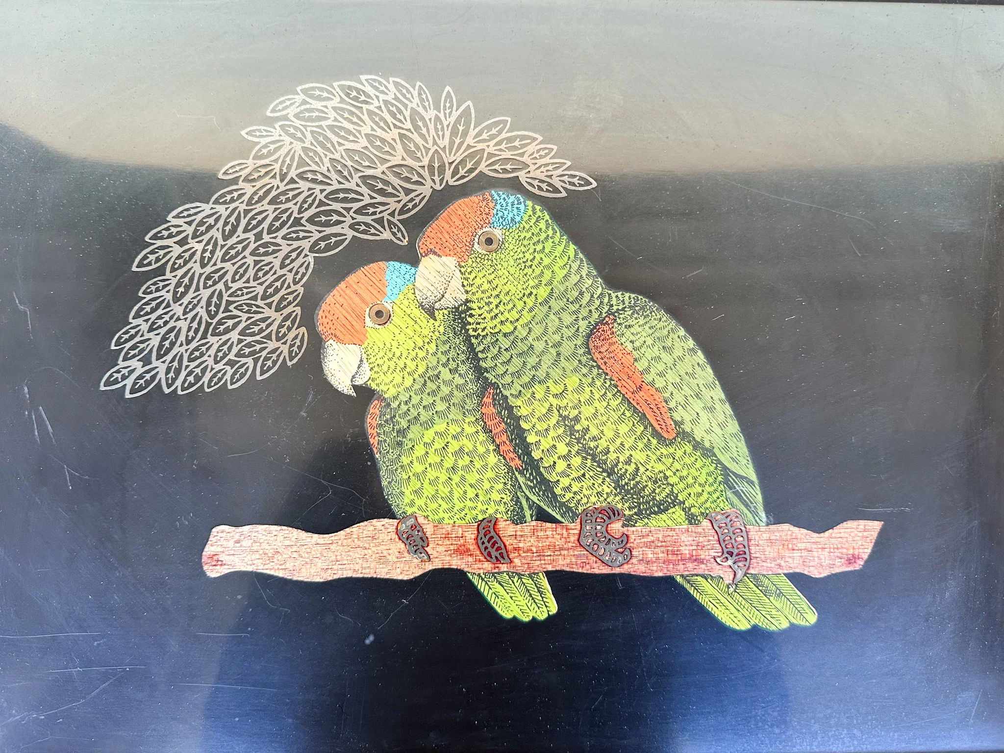 Couroc Tray with Wood and Brass Inlaid Macaws - Image 4