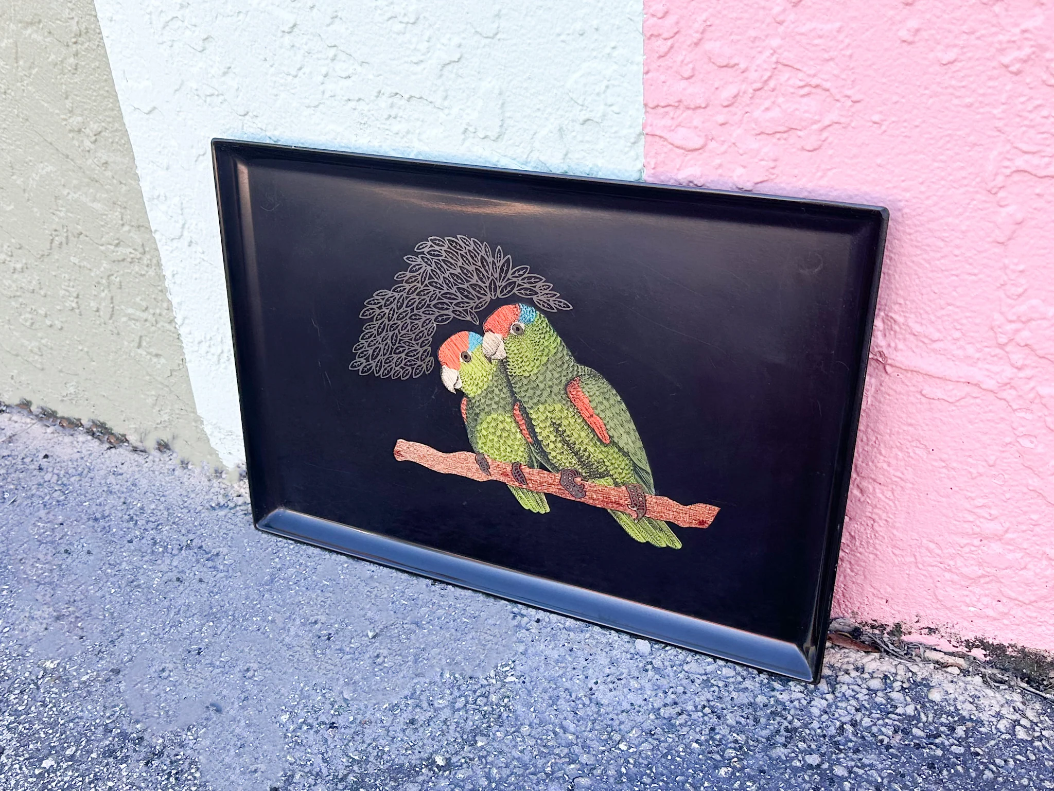 Couroc Tray with Wood and Brass Inlaid Macaws - Image 5