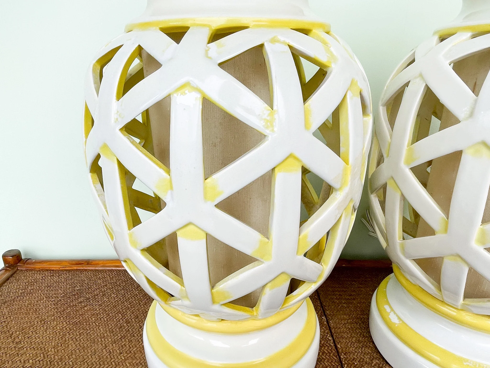 Pair of Fretwork Yellow Lamps - Image 6