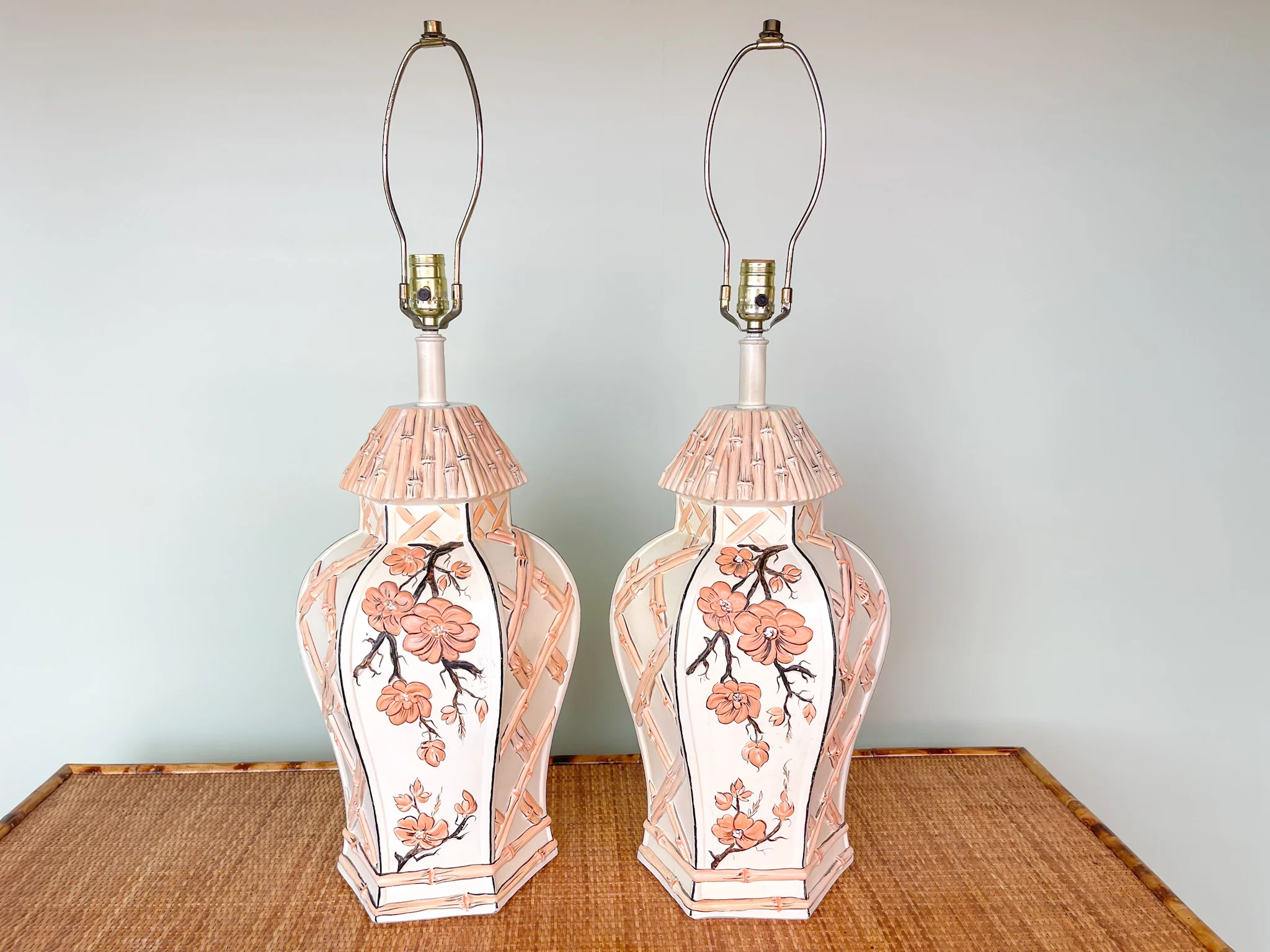 Glorious Pair of Peachy Faux Bamboo Lamps