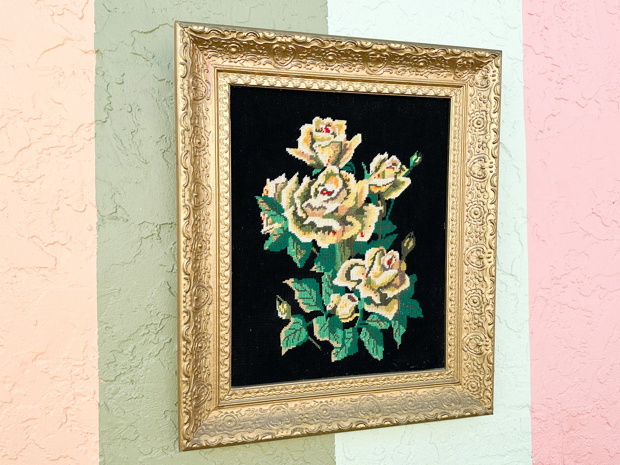 Granny Chic Floral Needlepoint Art - Image 3