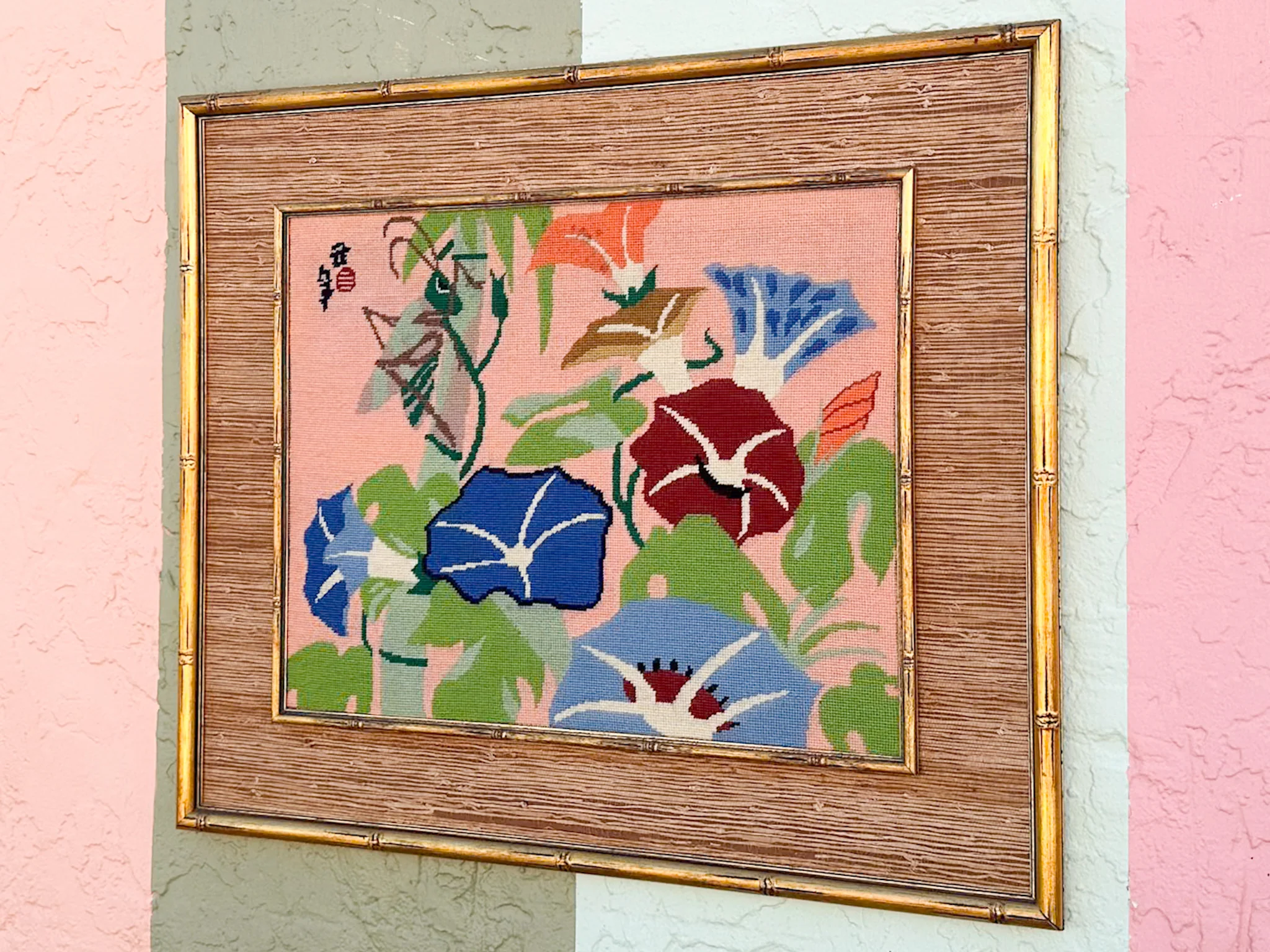 Grasshopper and Lotus Needlepoint Art - Image 2