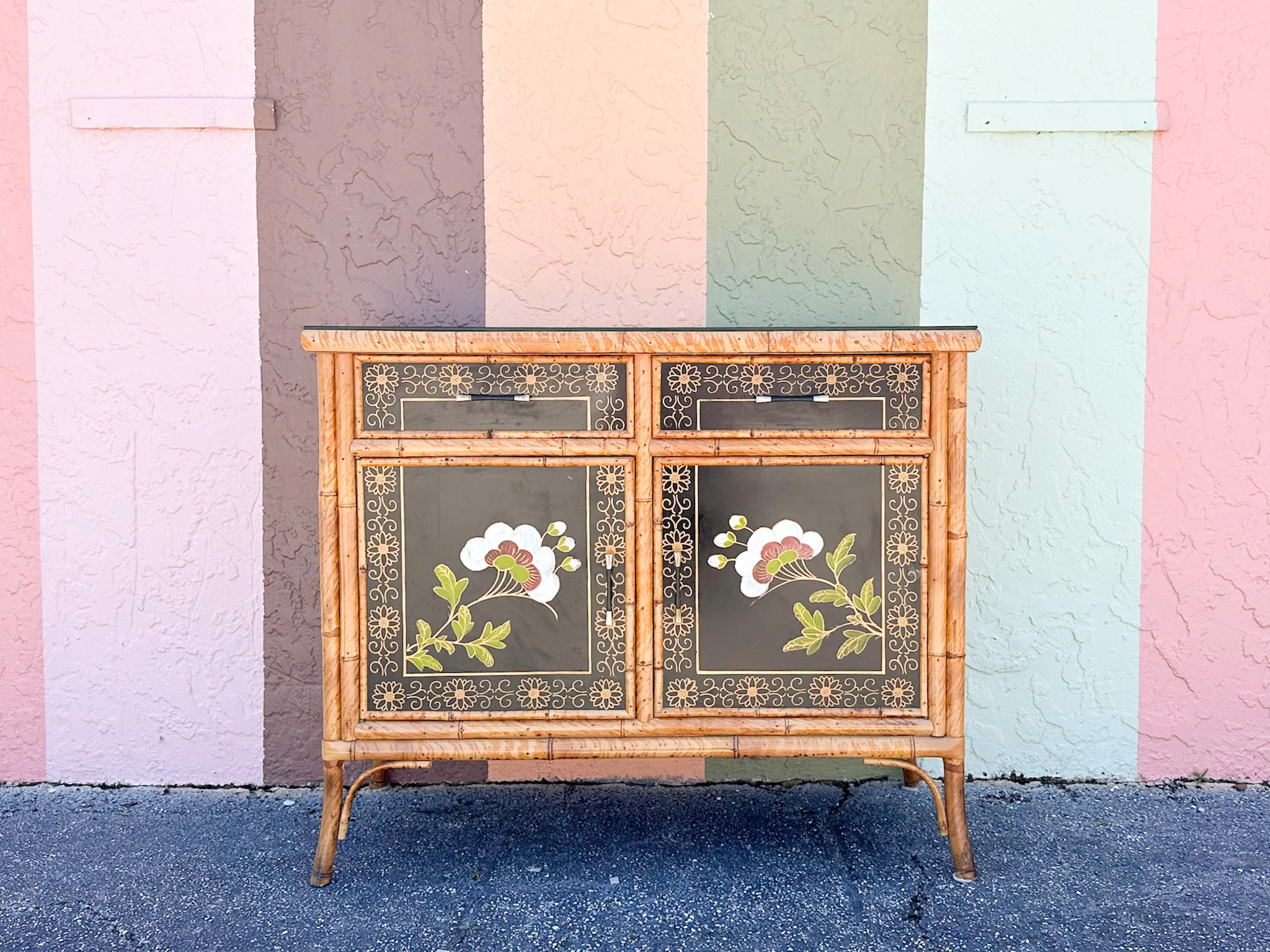 Hand Painted Tortoiseshell Rattan Credenza - Image 11