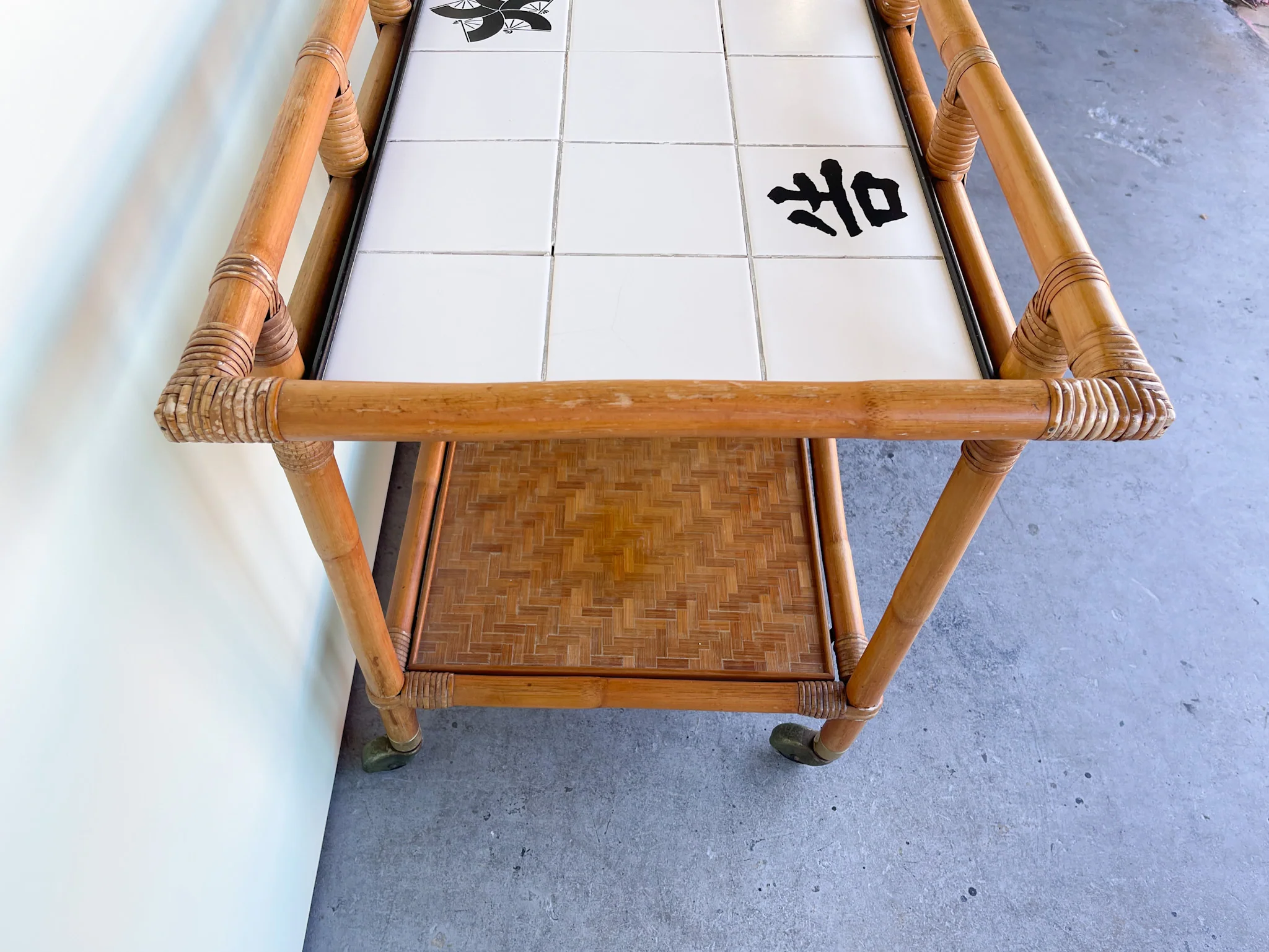 John Wisner for Ficks Reed Rattan Tile Top Cart - Image 8