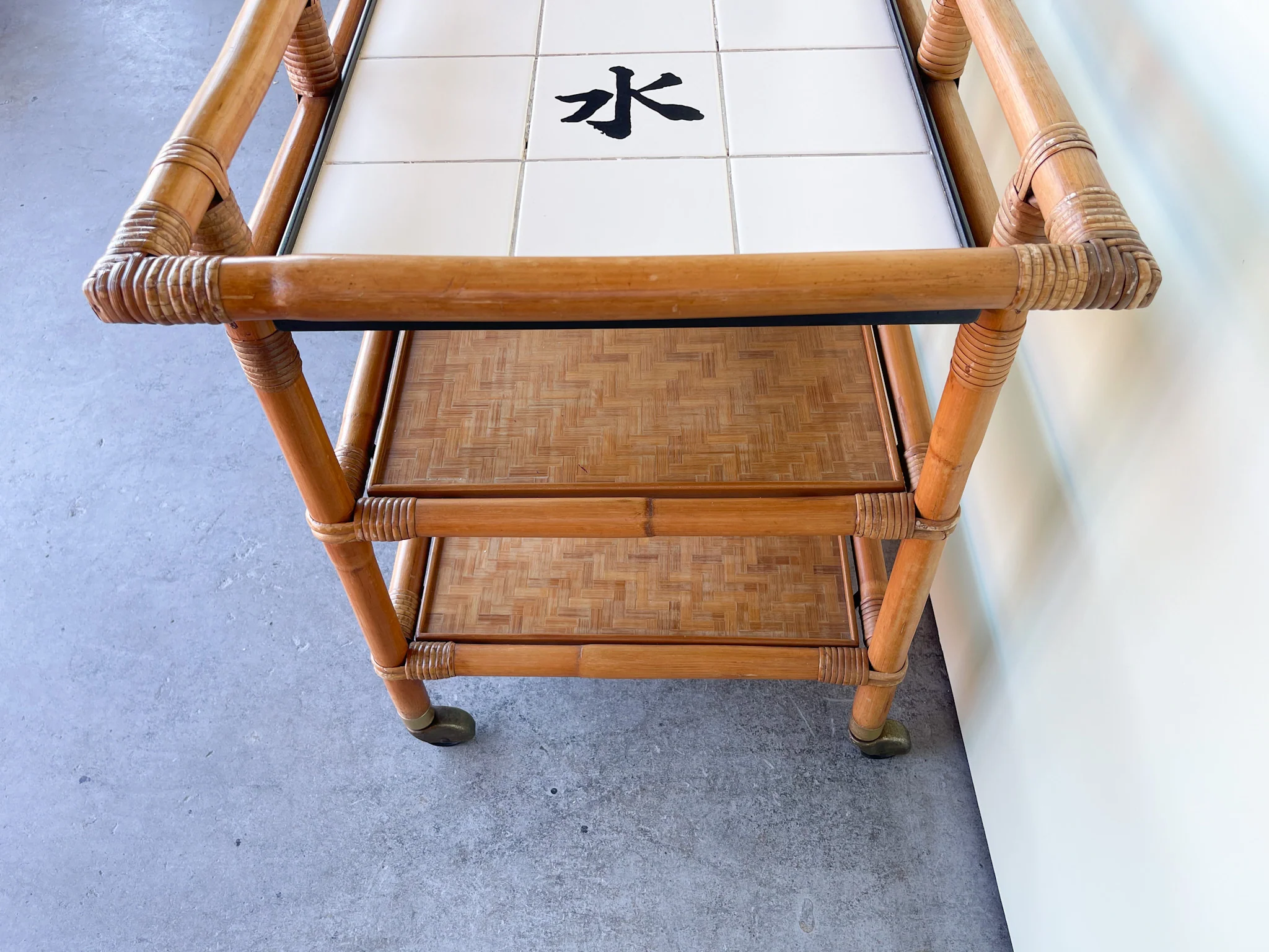John Wisner for Ficks Reed Rattan Tile Top Cart - Image 9