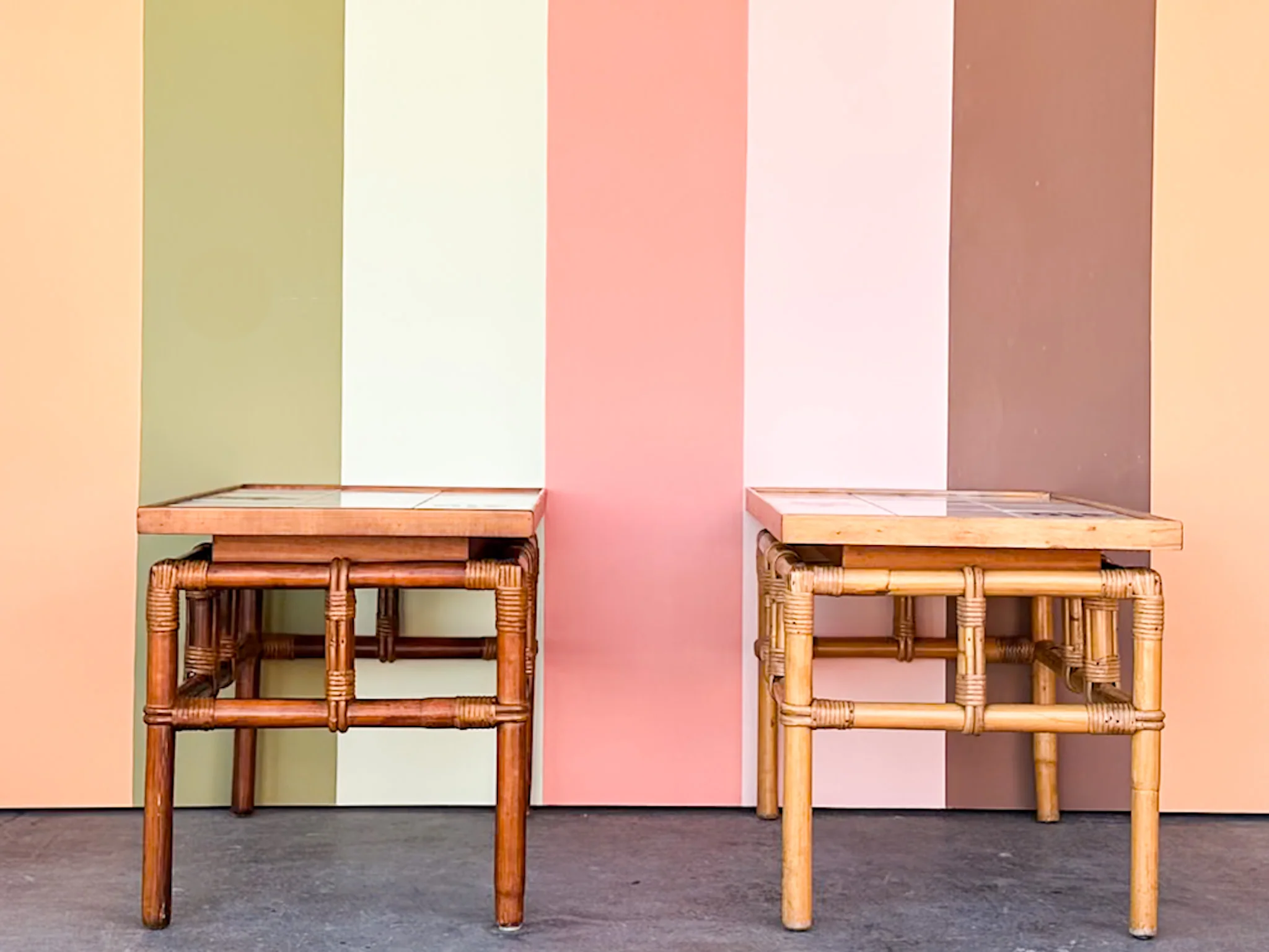 Pair of John Wisner for Ficks Reed Rattan Tile Top Side Tables - Image 3