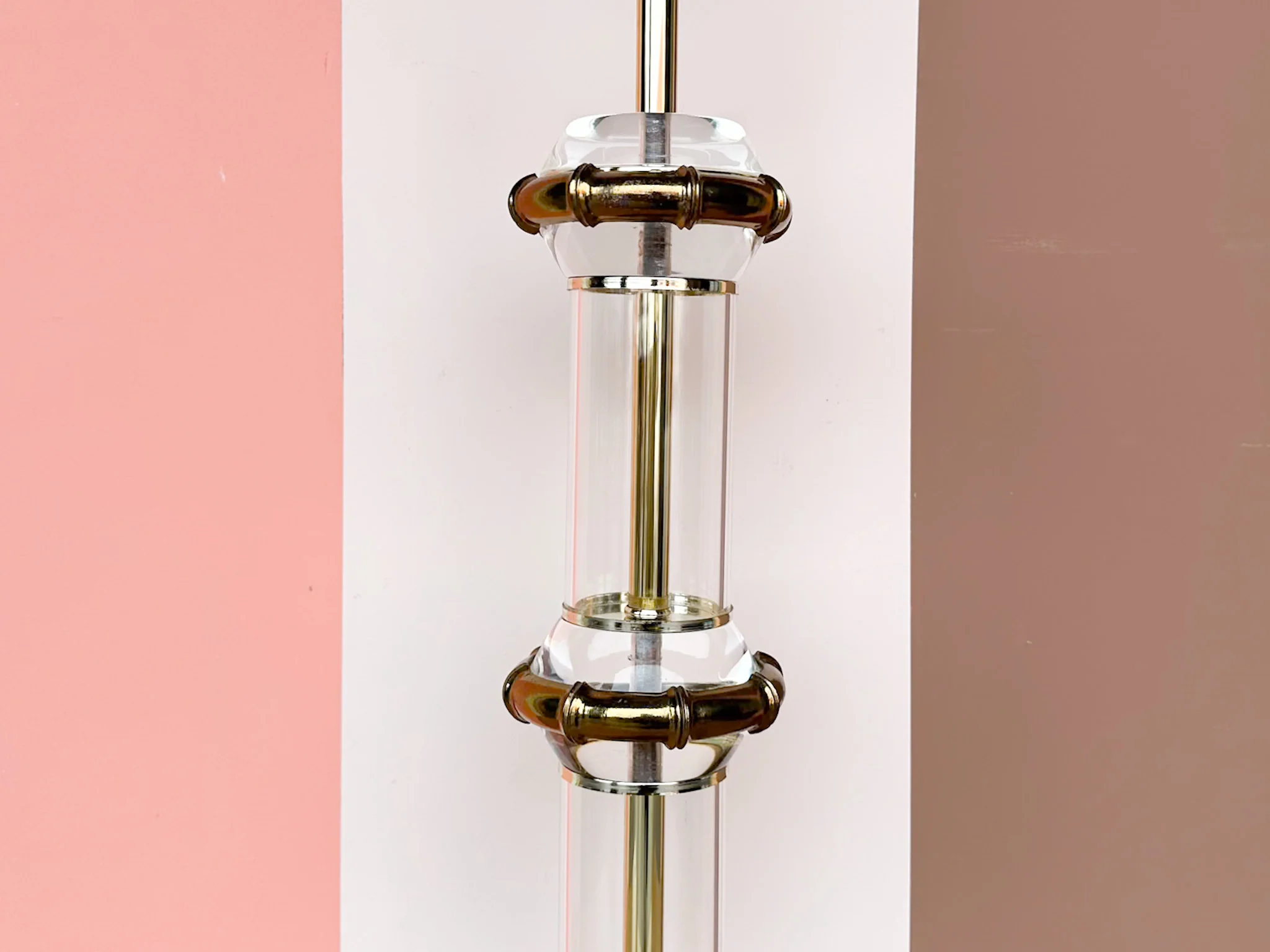 Large Lucite and Brass Faux Bamboo Lamp - Image 3
