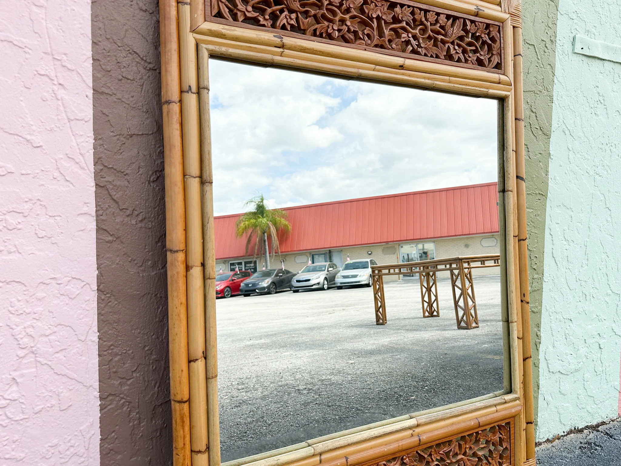 Large Rattan Mirror with Wood Detail - Image 10