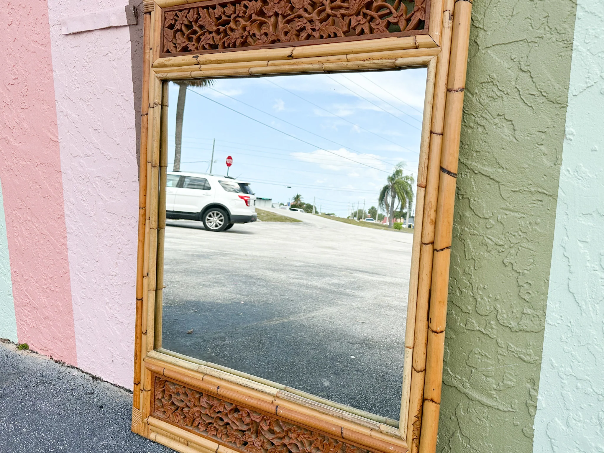 Large Rattan Mirror with Wood Detail - Image 3