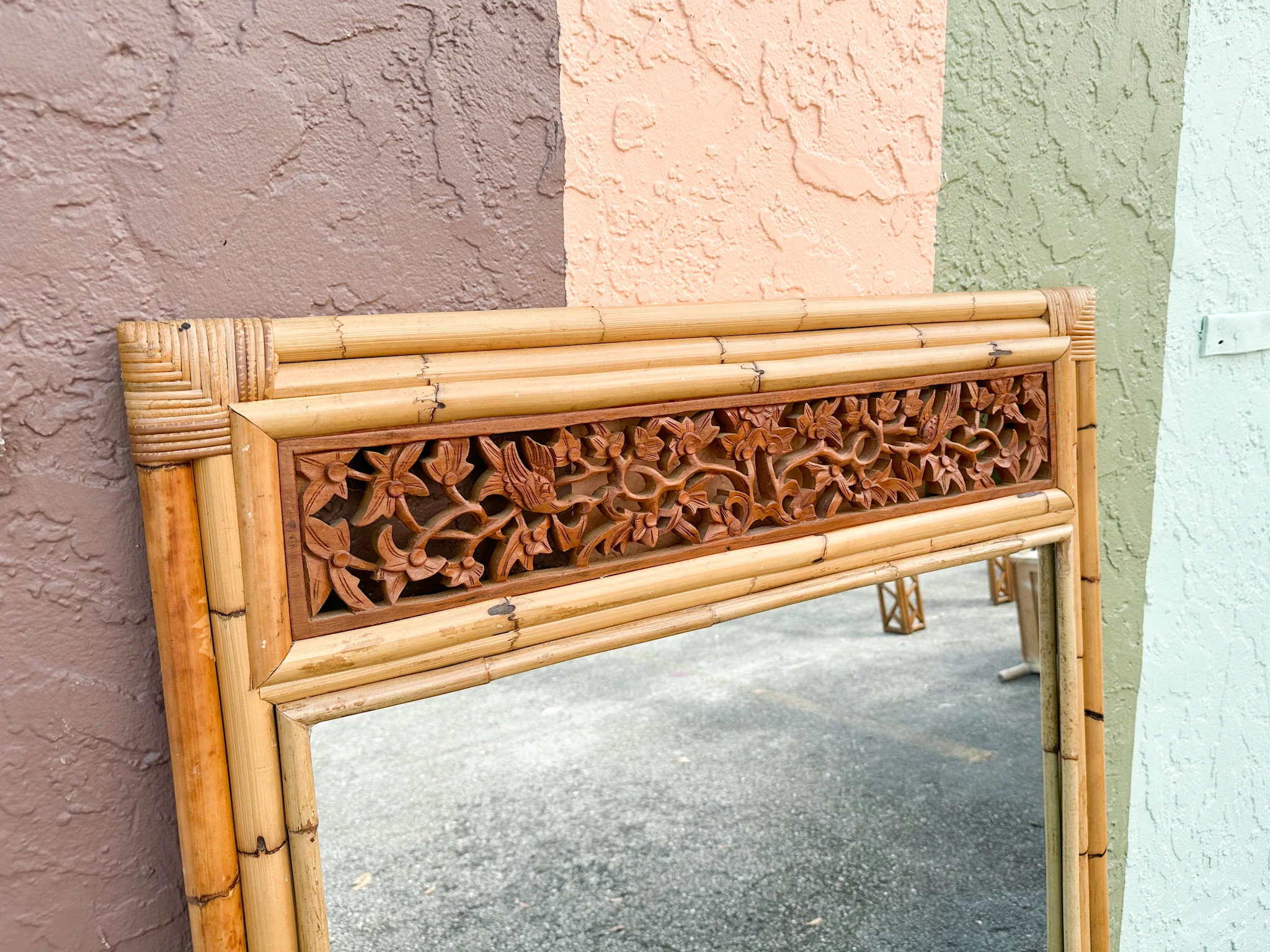 Large Rattan Mirror with Wood Detail - Image 5