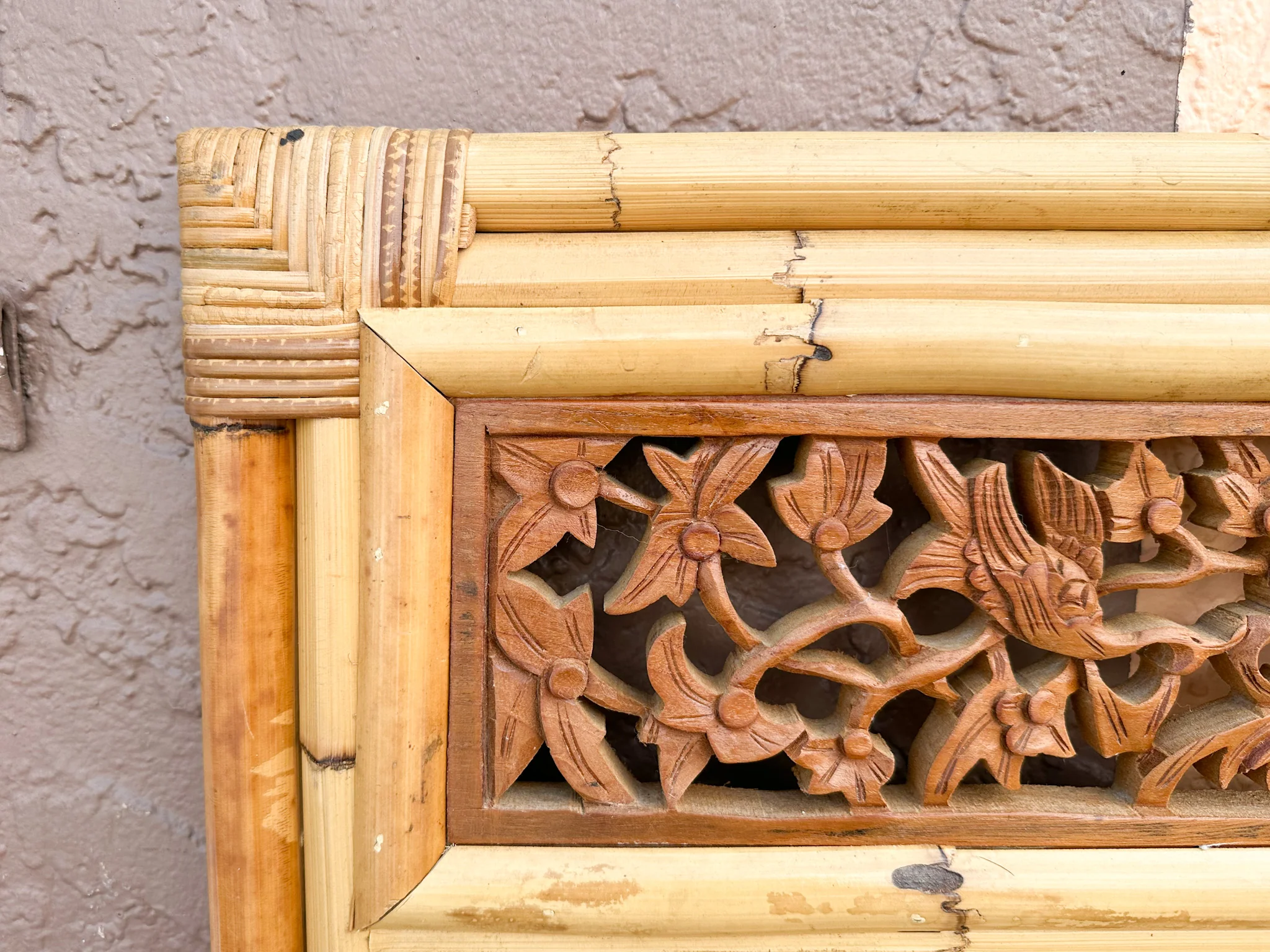 Large Rattan Mirror with Wood Detail - Image 7