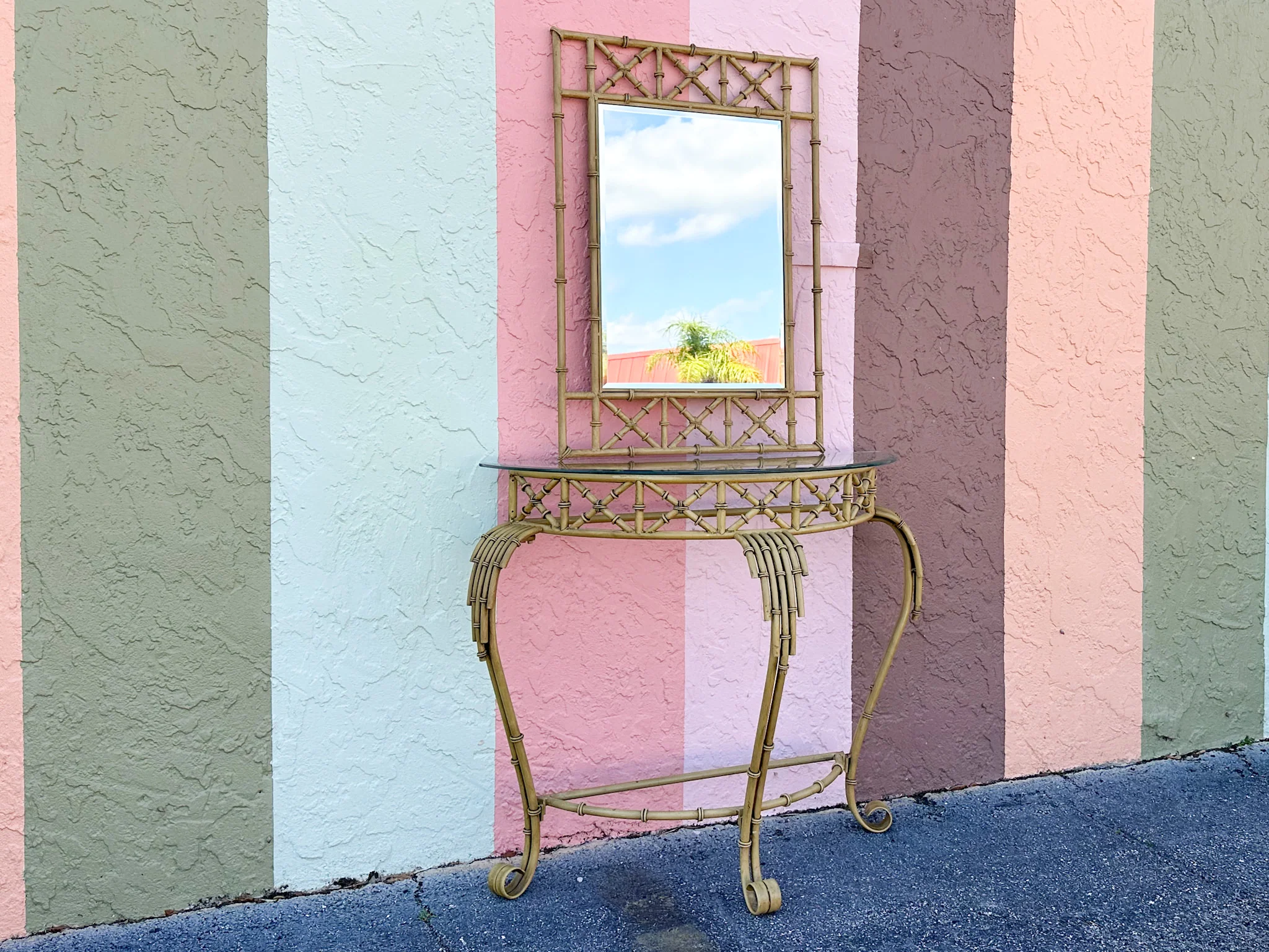 Metal Faux Bamboo Mirror and Demilune - Image 3