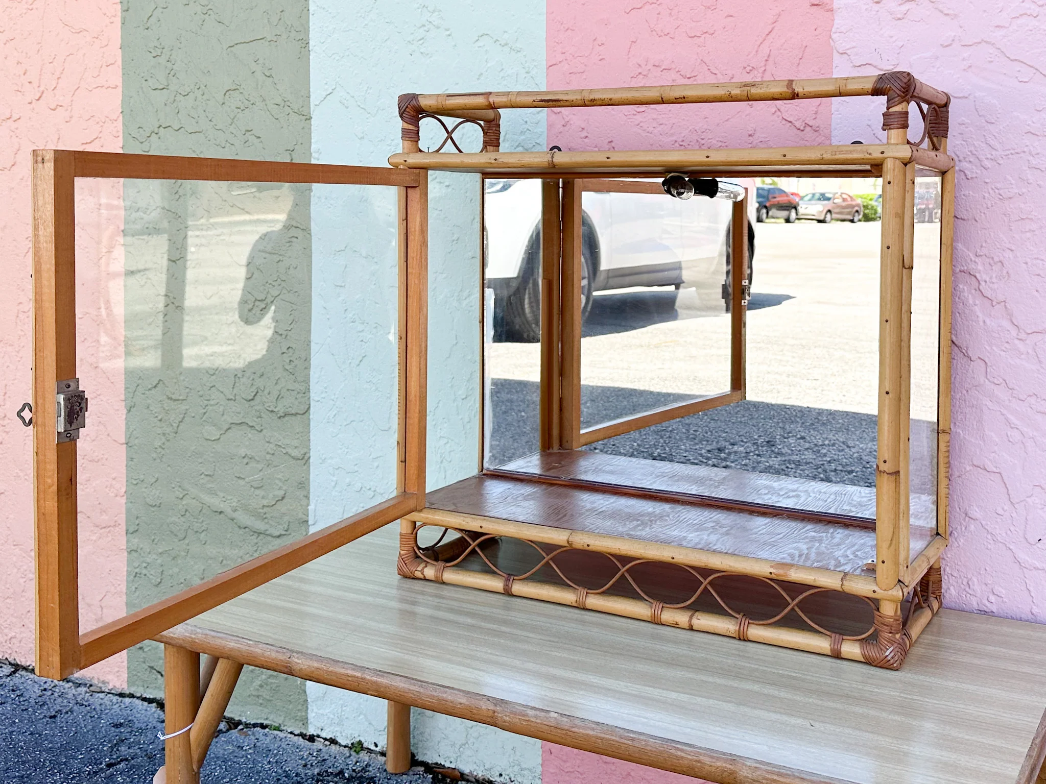 Old Florida Bamboo Mirrored Curio Cabinet - Image 3
