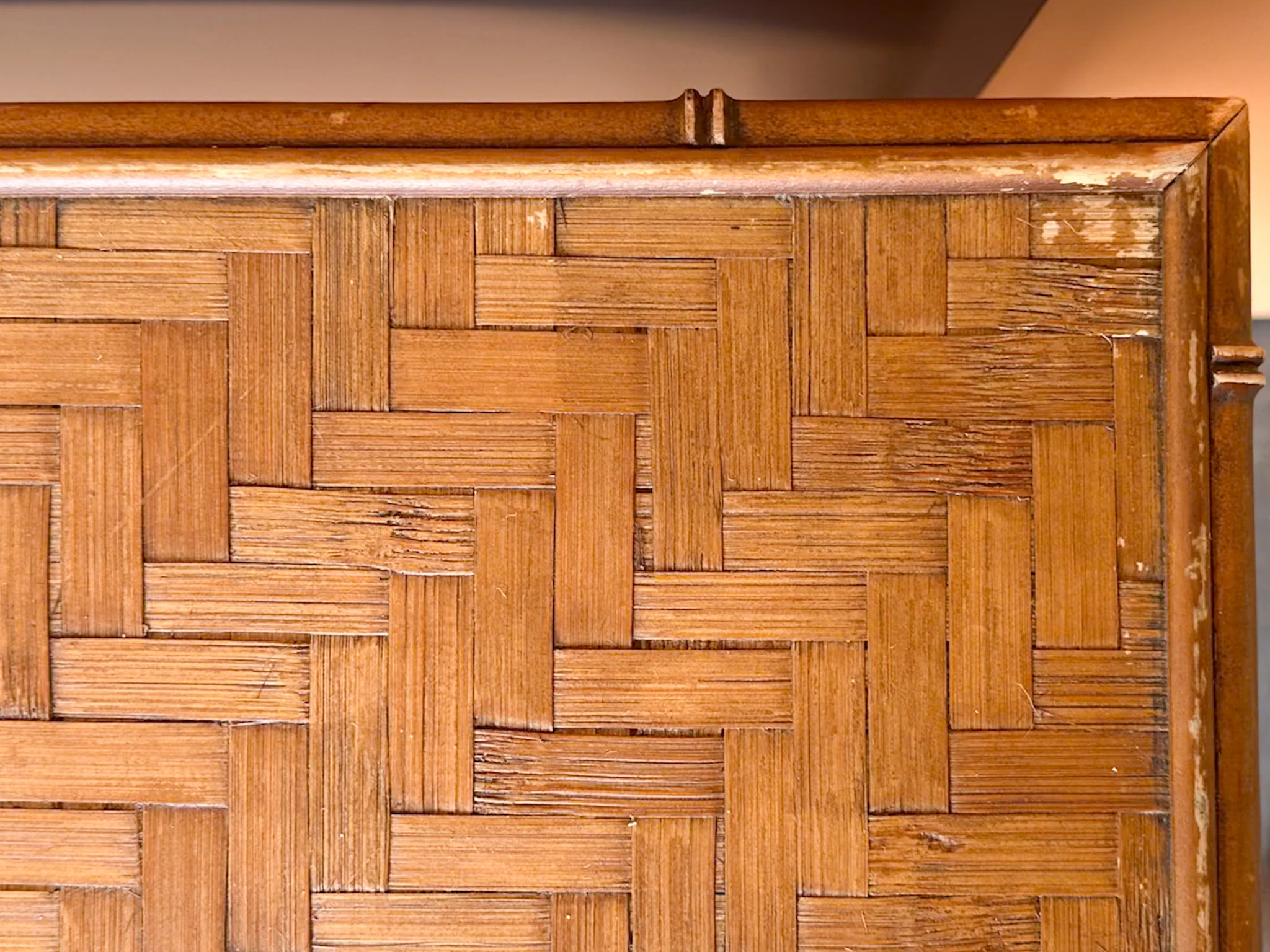 Old Florida Parquet Rattan Dining Table with Leaf - Image 8