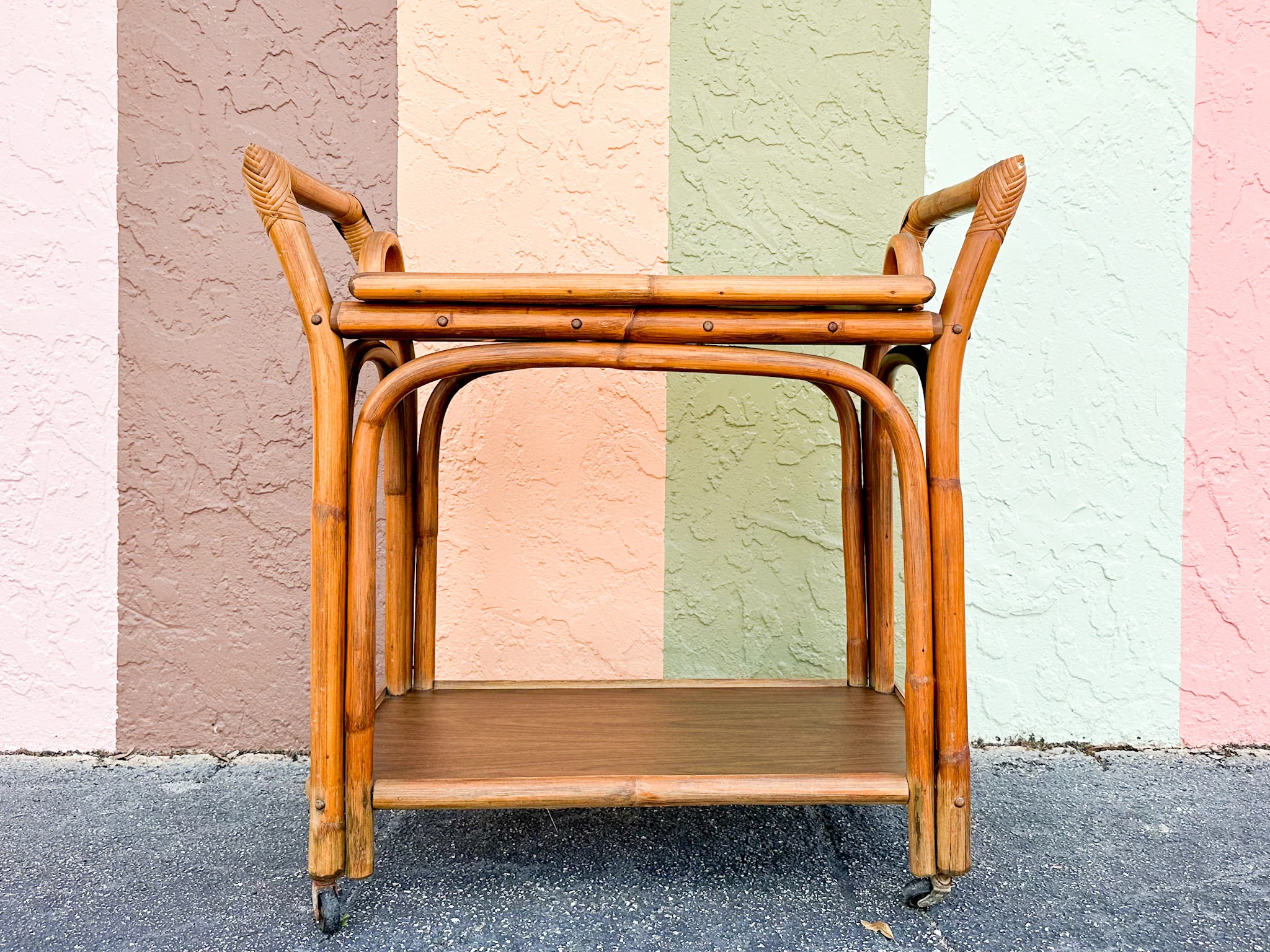 Old Florida Rattan Bar Cart with Removeable Tray - Image 2