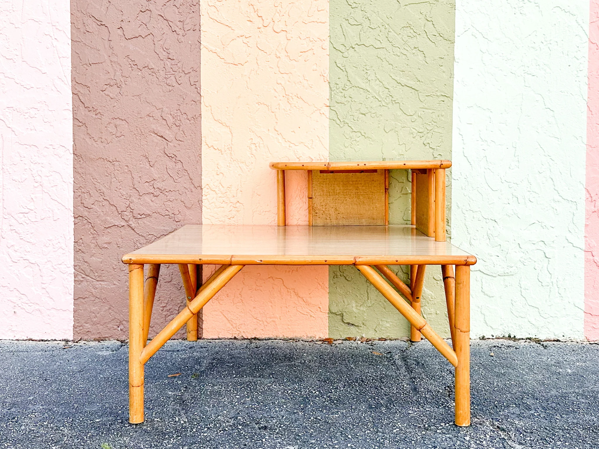 Old Florida Two Tier Rattan Corner Table