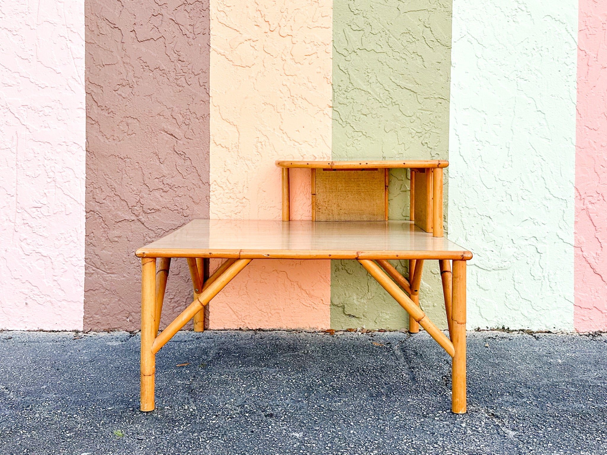 Old Florida Two Tier Rattan Corner Table - Image 2