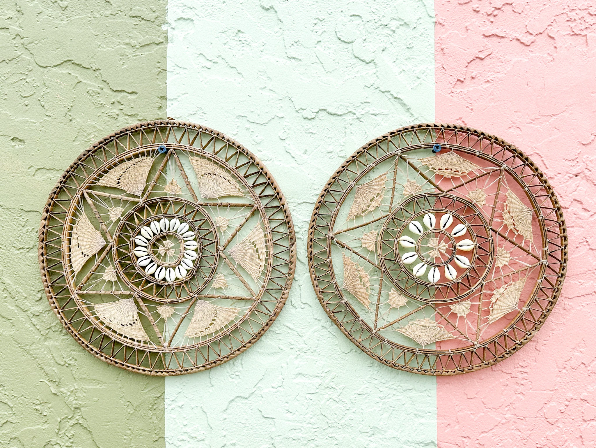 Pair of 70s Chic Rattan and Shell Wall Art