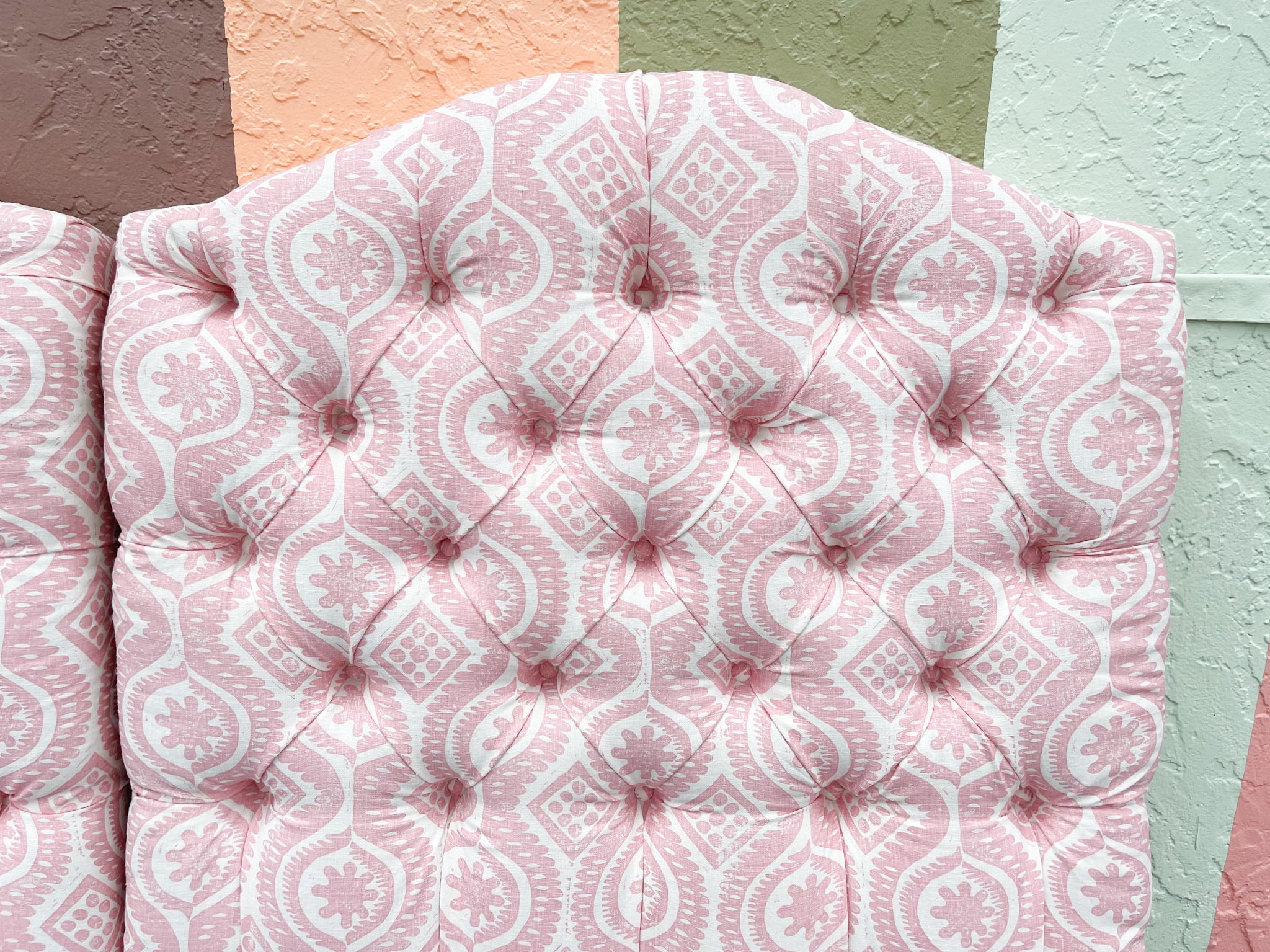 Pair of Blush Ikat Upholstered Twin Headboards - Image 3