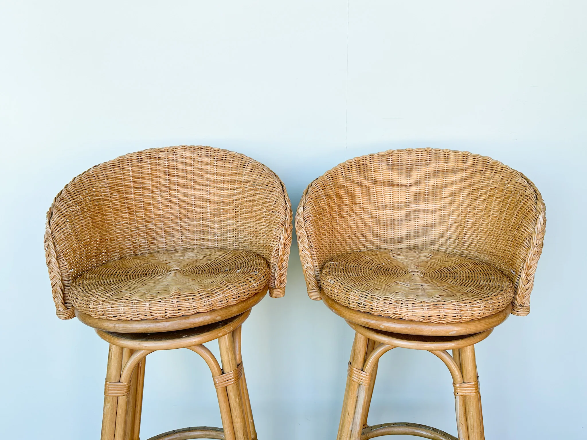 Pair of Braided Rattan and Wicker Bar Stools - Image 2
