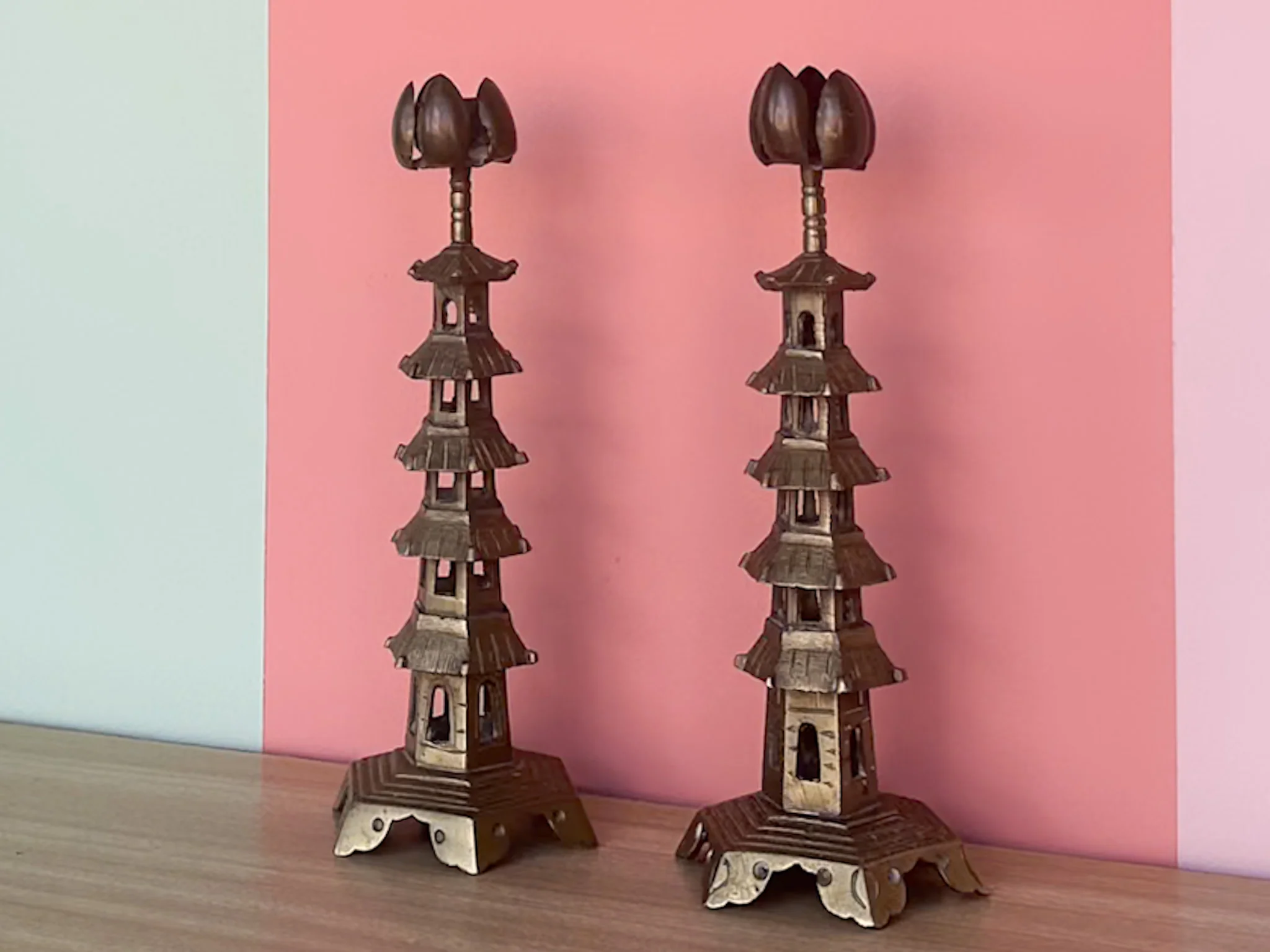 Pair of Brass Pagoda Candlesticks - Image 2