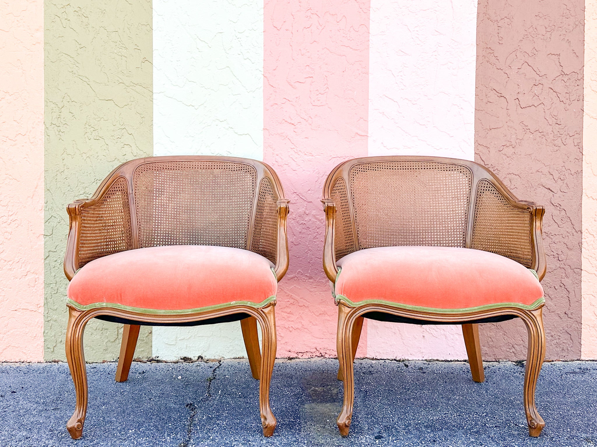 Pair of Cane and Velvet Barrel Chairs