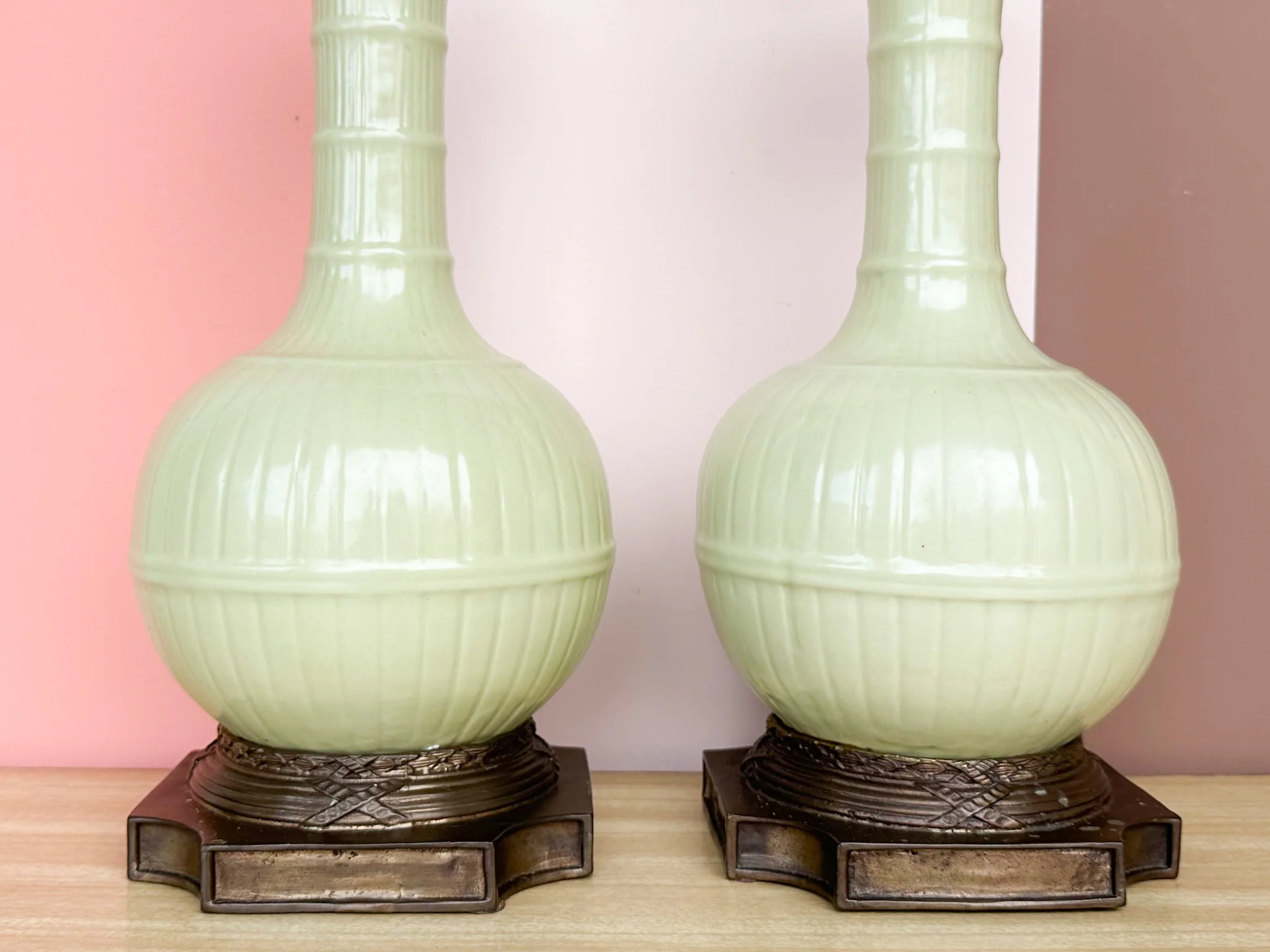 Pair of Faux Bamboo Celadon Lamps - Image 3