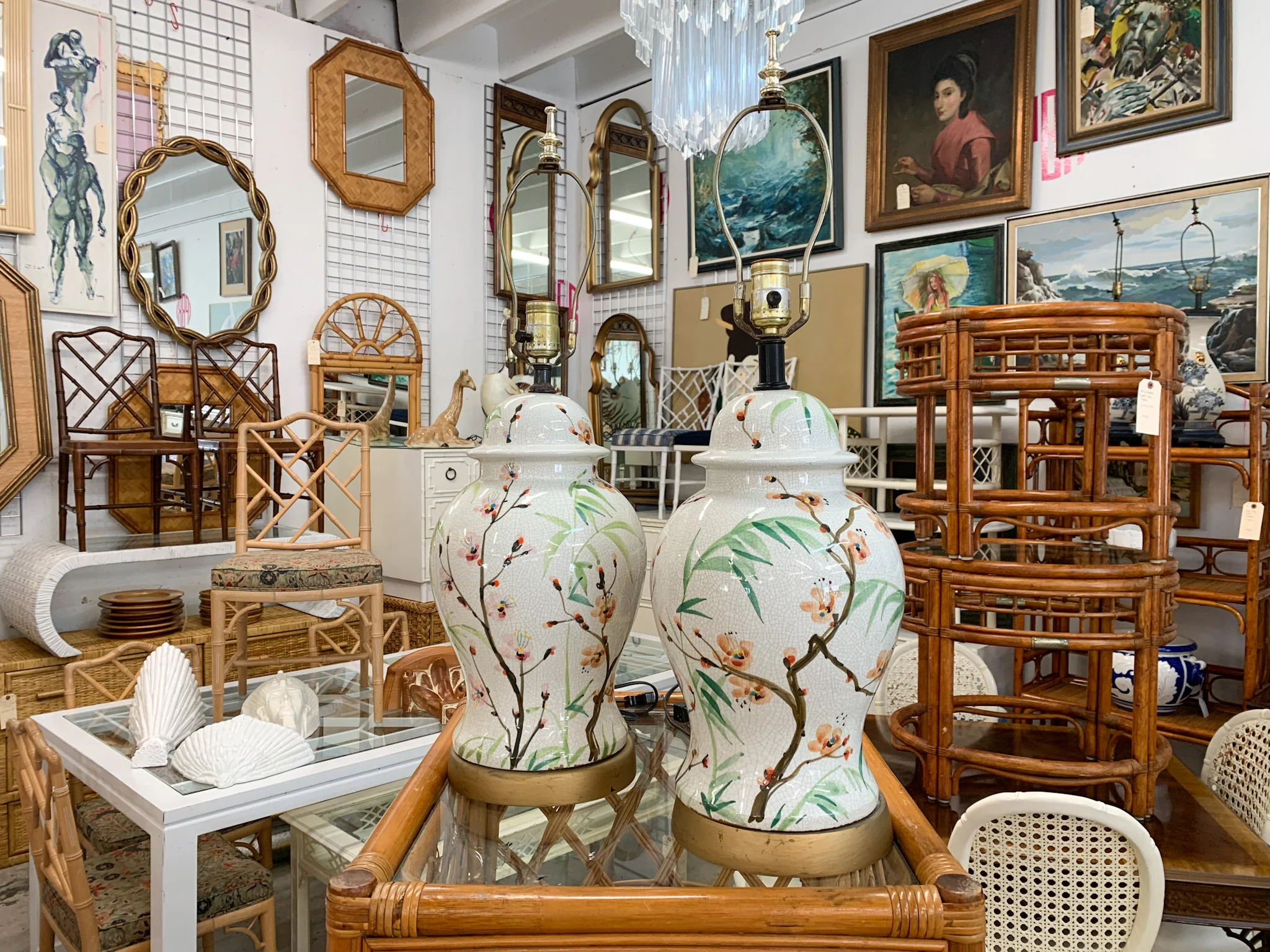 Pair of Colorful Bamboo Pattern Lamps - Image 2