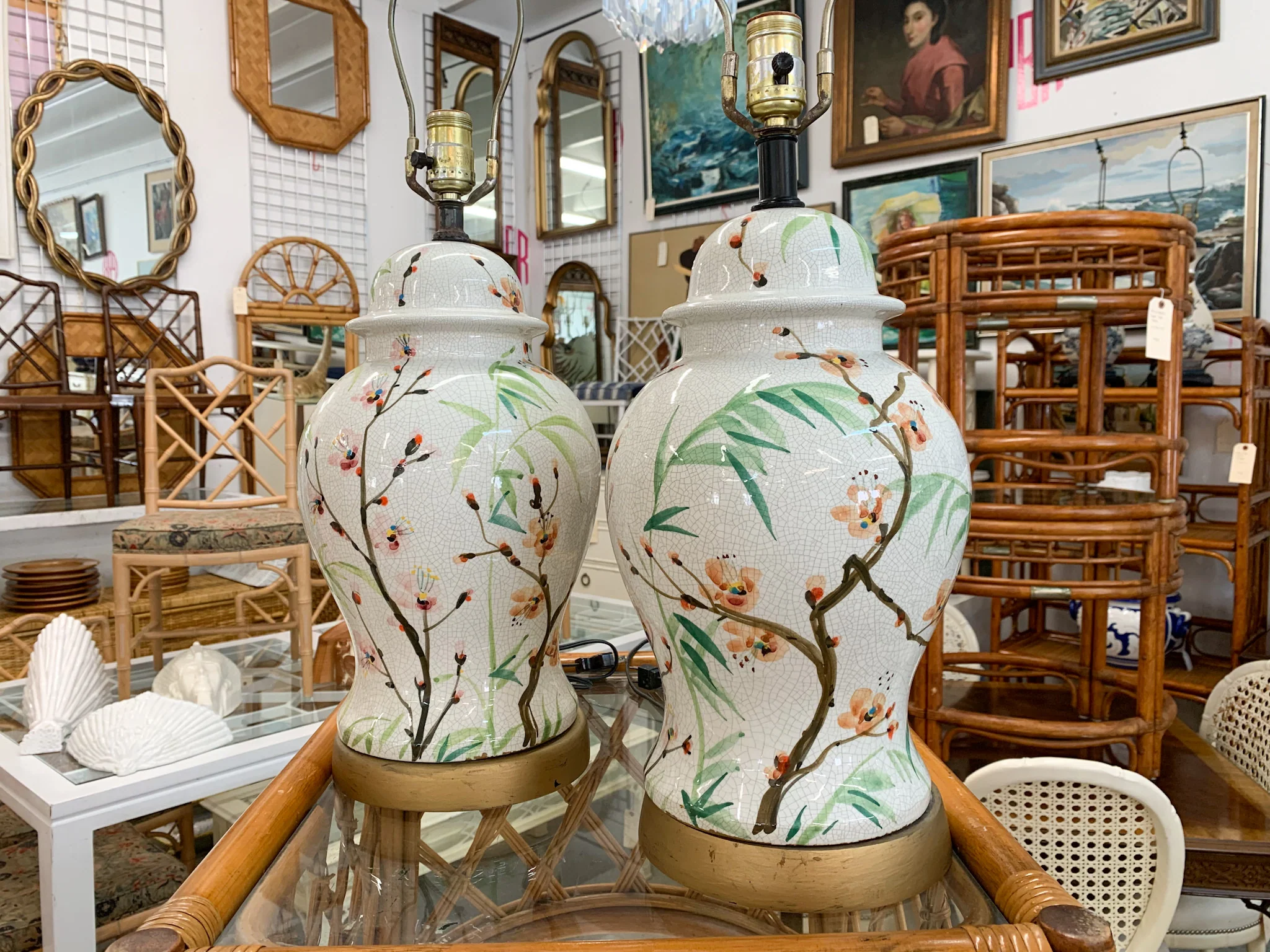 Pair of Colorful Bamboo Pattern Lamps - Image 3