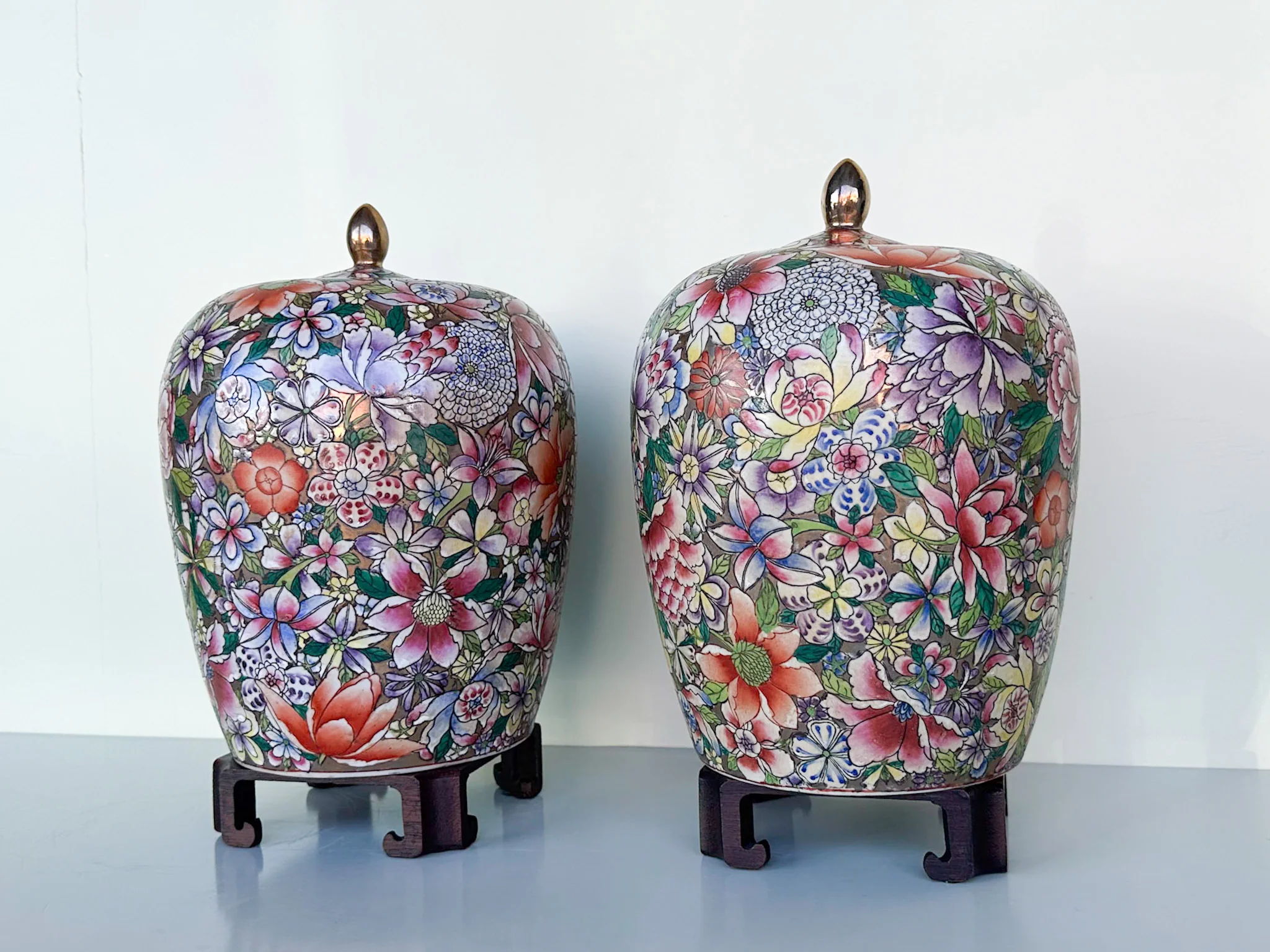 Pair of Colorful Floral Jars - Image 3