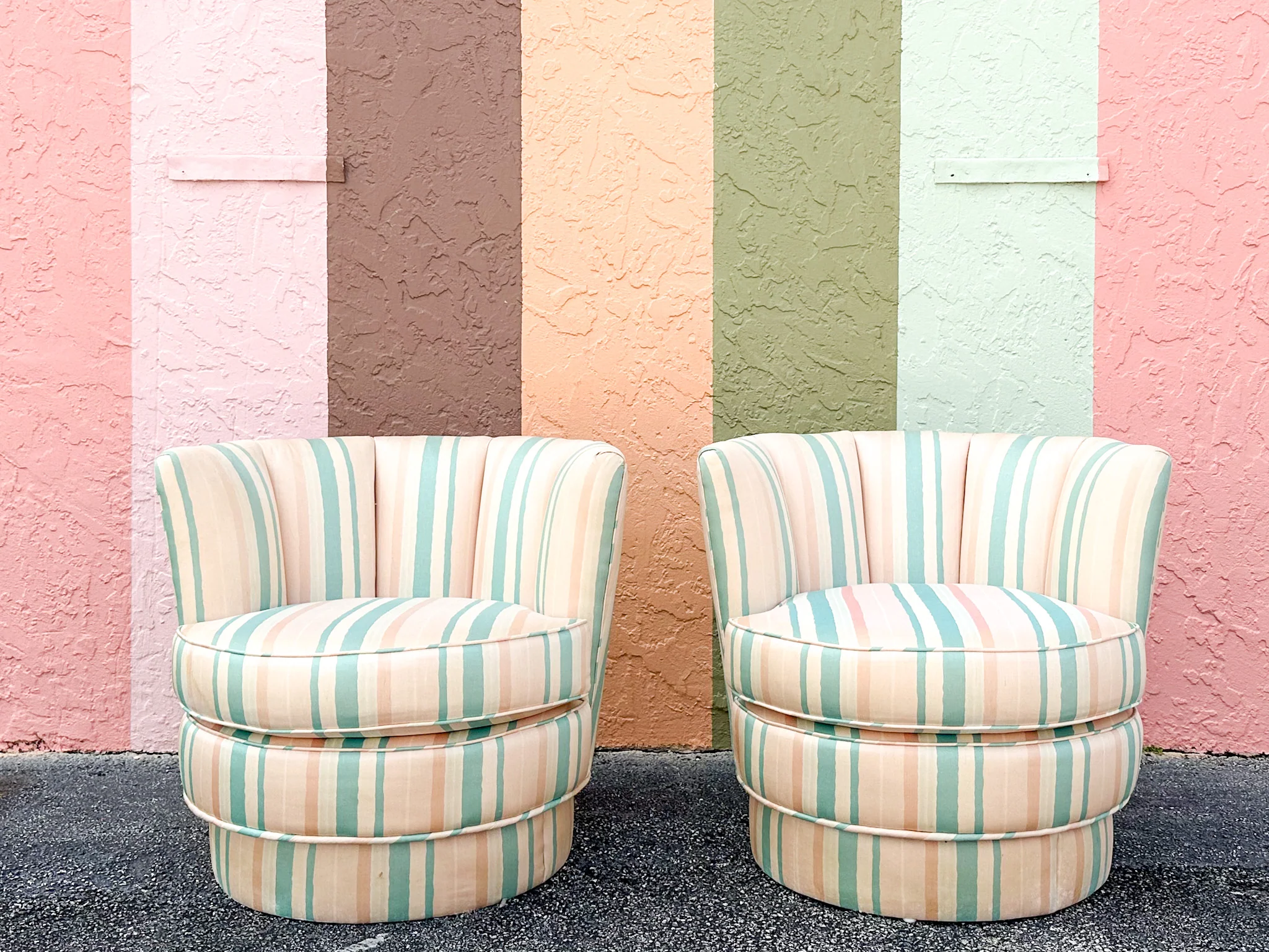 Pair of Cute Striped Upholstered Swivel Chairs