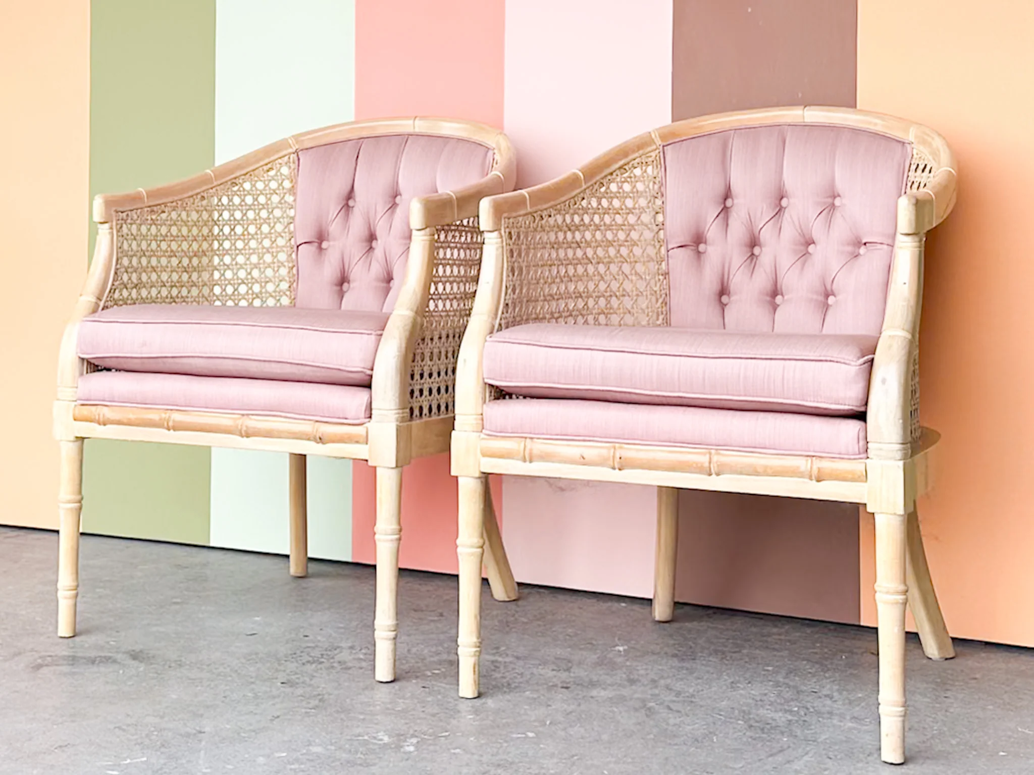 Pair of Faux Bamboo Cane Barrel Chairs - Image 5