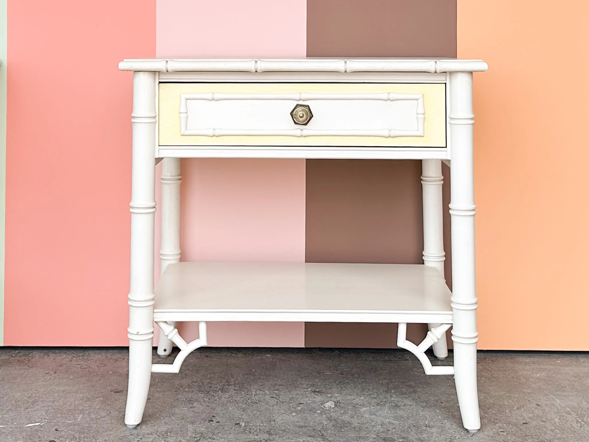Pair of Thomasville Yellow and White Faux Bamboo Nightstands - Image 3