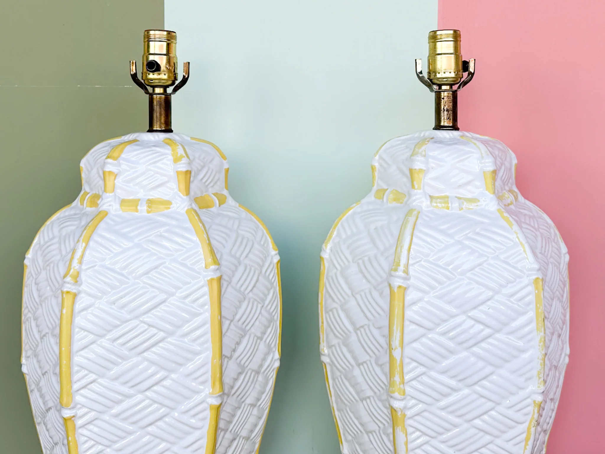 Pair of Faux Bamboo Woven Ceramic Lamps - Image 2
