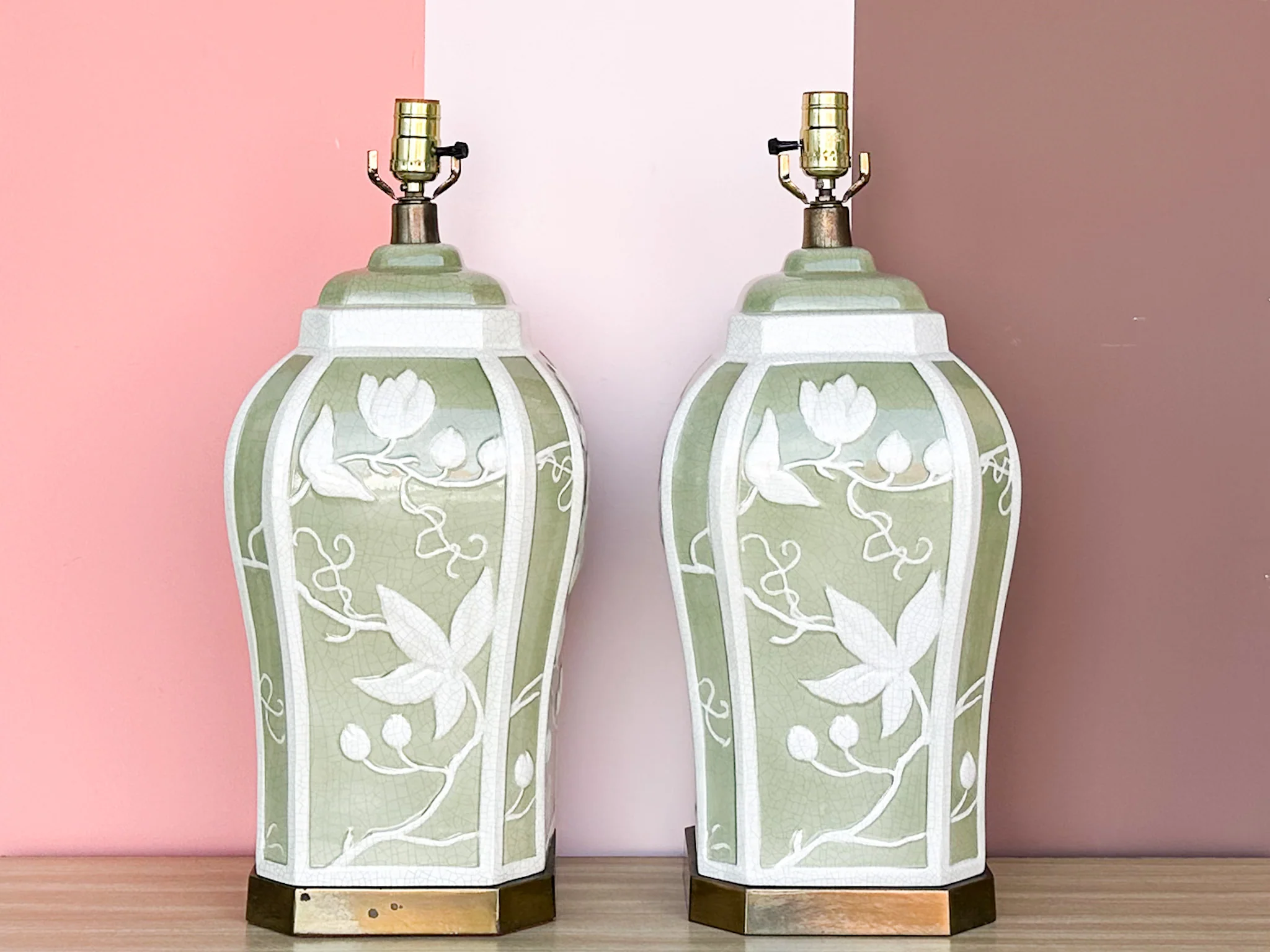 Pair of Green and White Floral Lamps