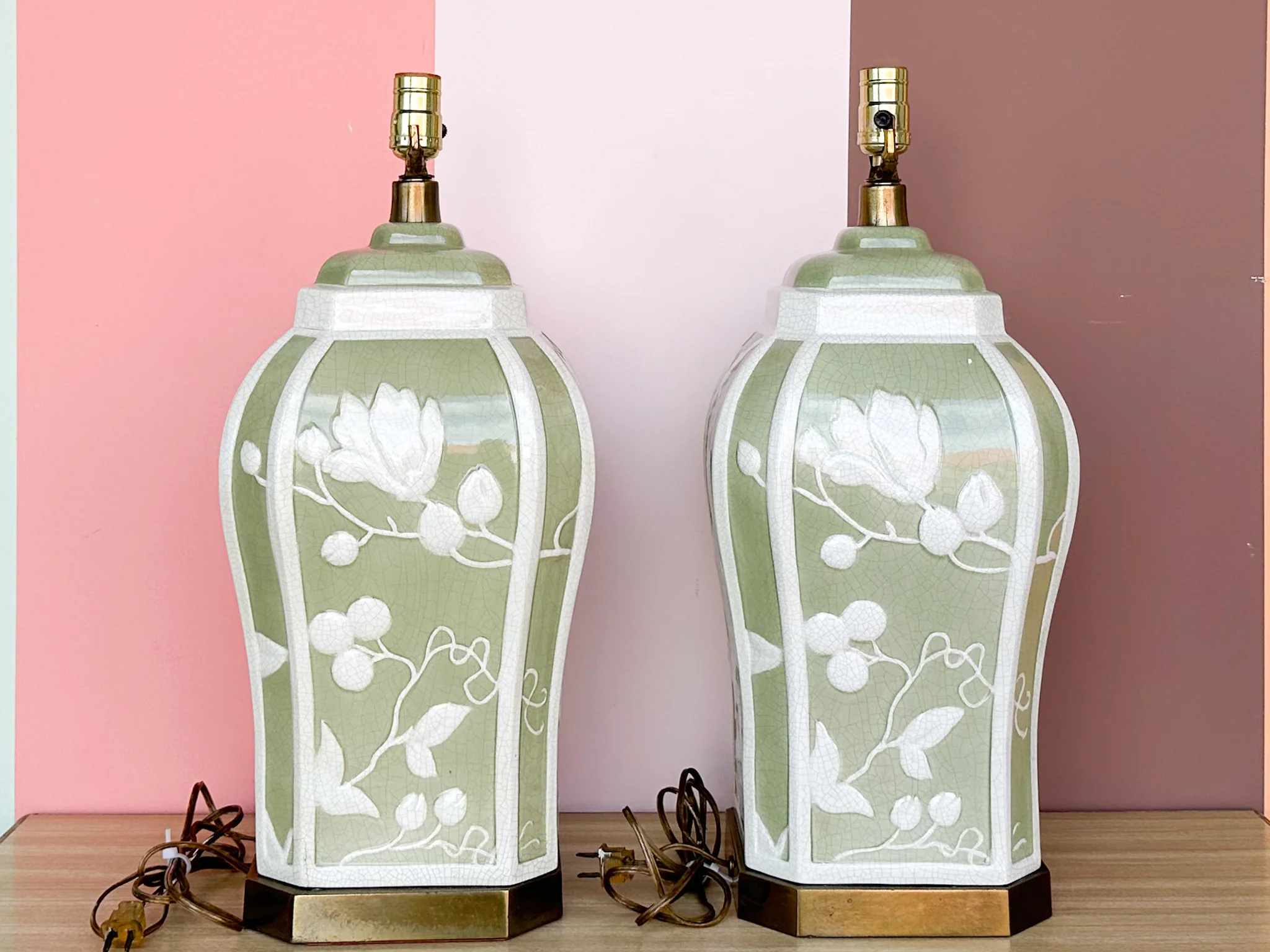 Pair of Green and White Floral Lamps - Image 2