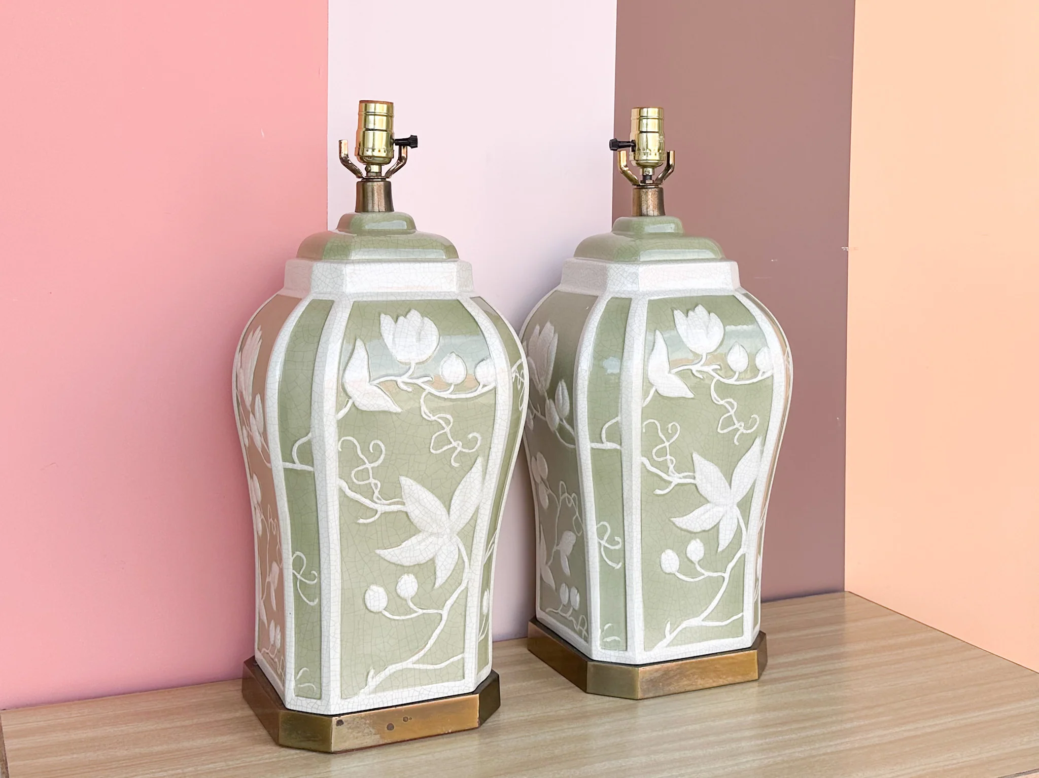Pair of Green and White Floral Lamps - Image 3