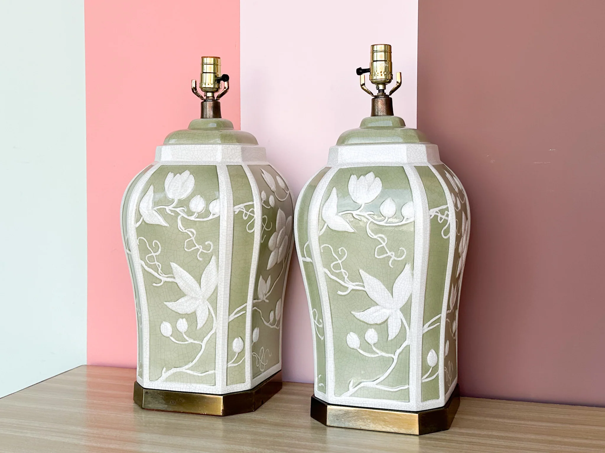 Pair of Green and White Floral Lamps - Image 5