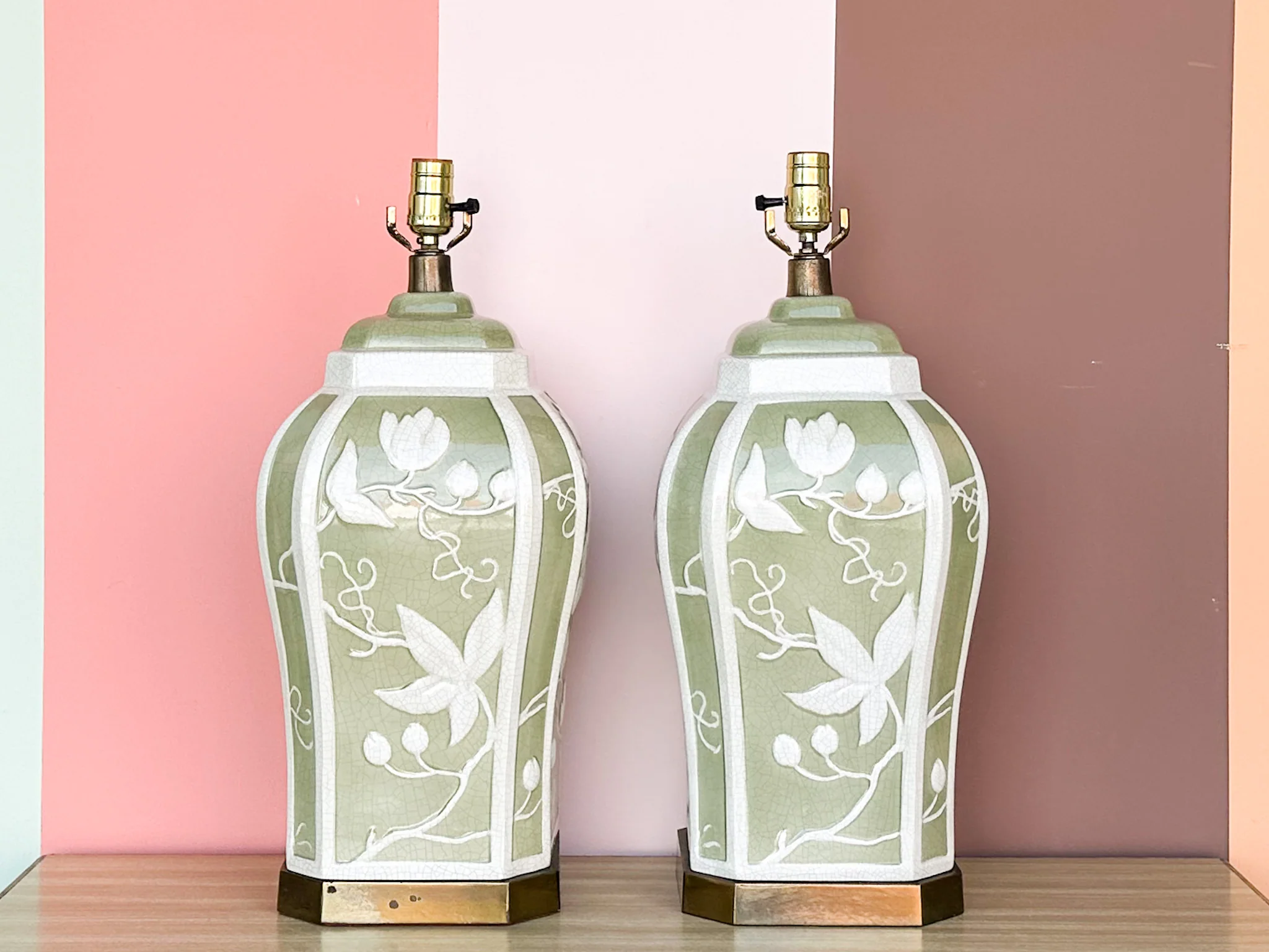 Pair of Green and White Floral Lamps - Image 6